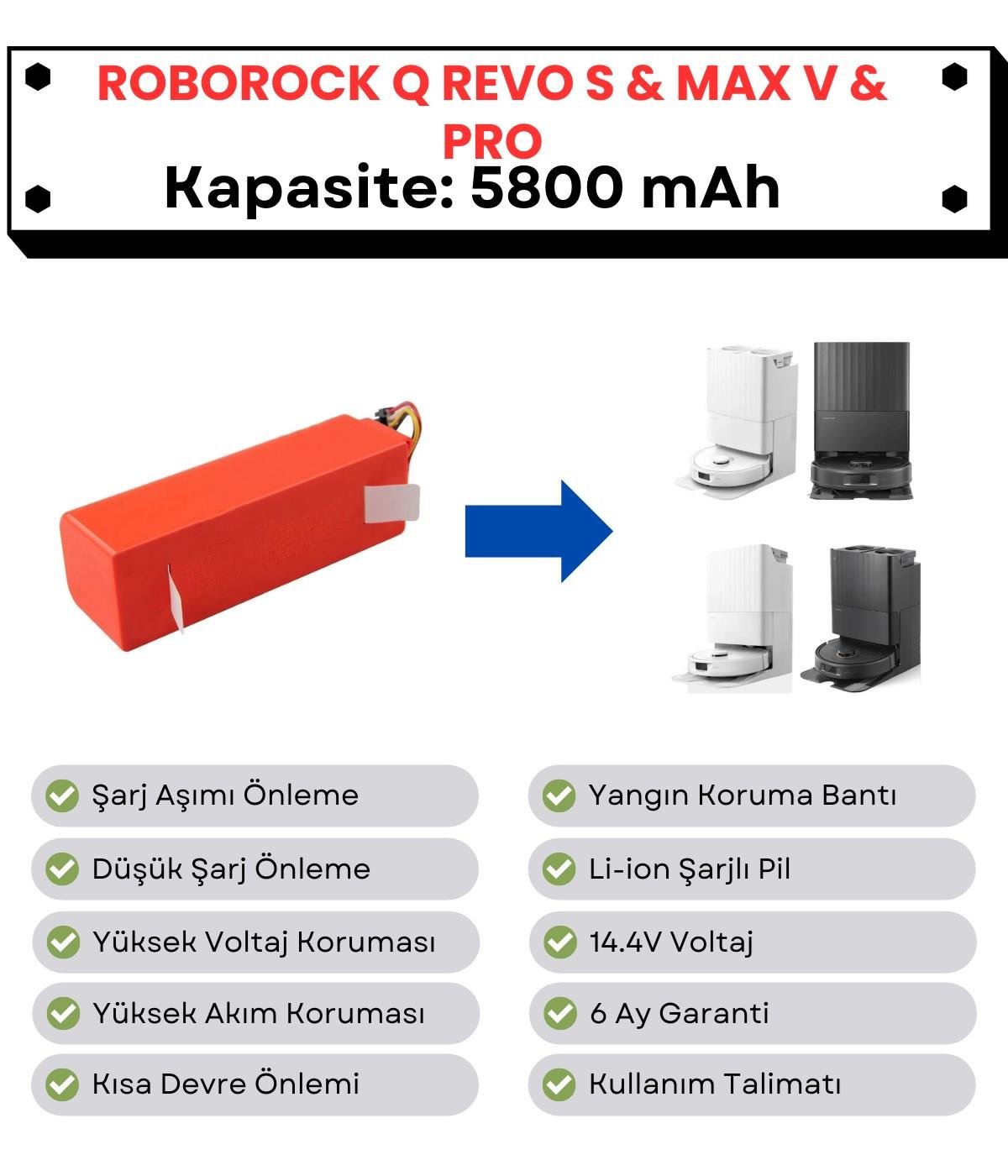 Roborock QRevo Pro Uyumlu Batarya 14.4V 5800 mAh Robot Süpürge Pili