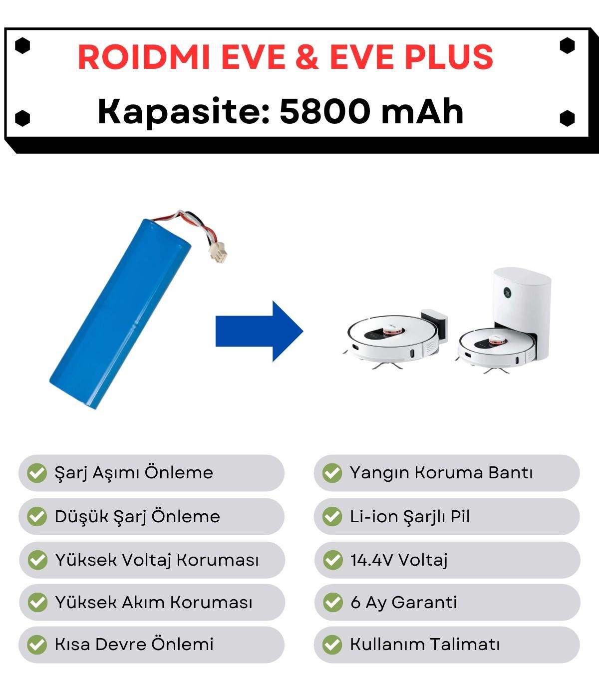 Roidmi Eve Plus Uyumlu Batarya 14.4V 5800 mAh Robot Süpürge Pili