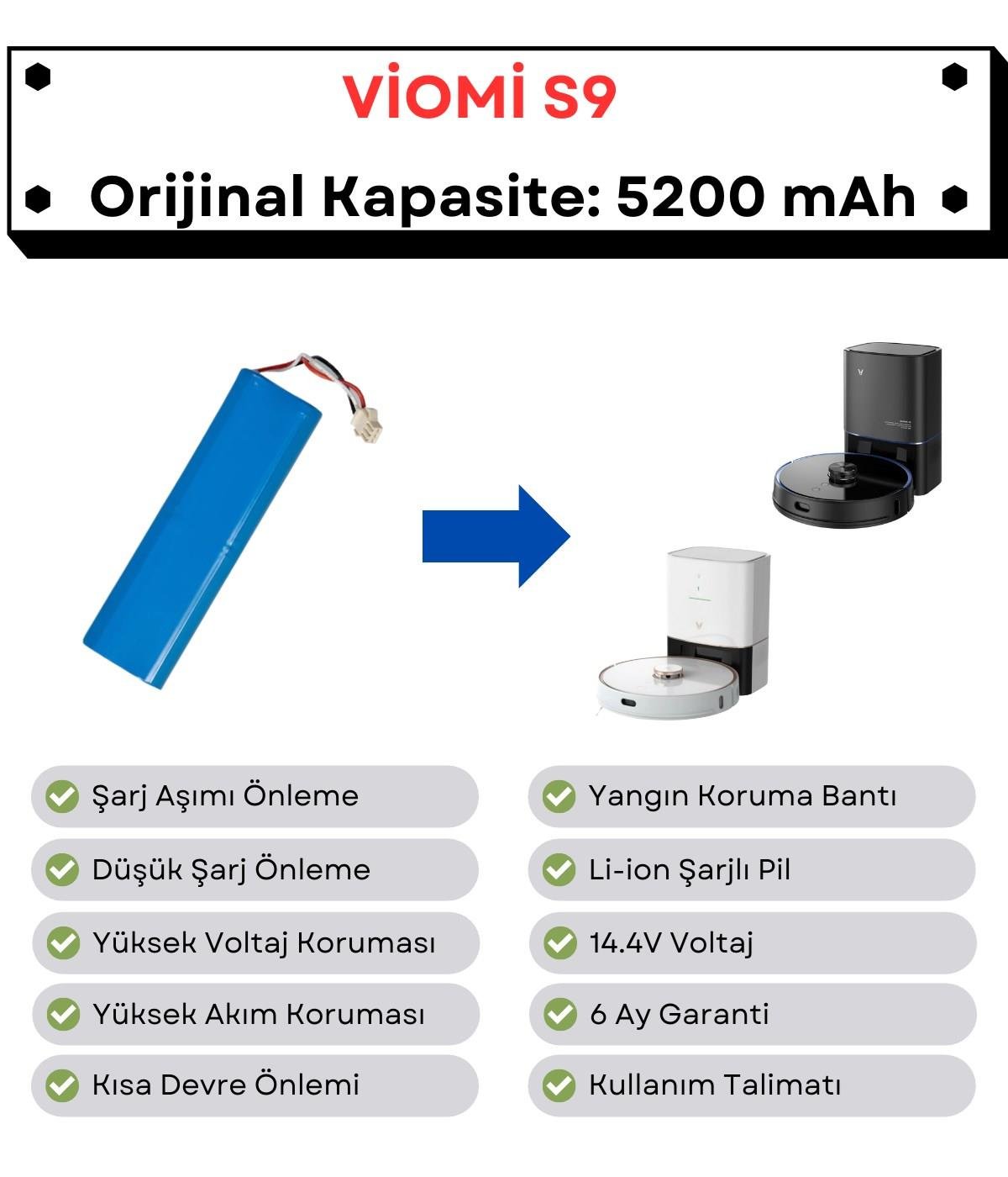 Viomi S9 Uyumlu Batarya 14.4V 5200 mAh Robot Süpürge Pili