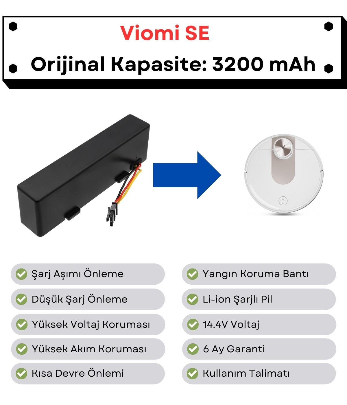 Viomi SE Uyumlu Batarya 14.4V 3200 mAh Orijinal Kapasite Robot Süpürge Pili
