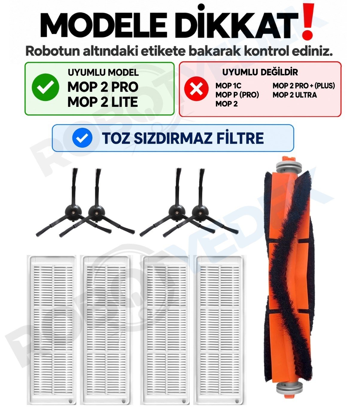 Xiaomi Mop 2 Pro (Siyah) MJST1SHW Uyumlu Yedek Mopsuz Fırça Hepa Filtre Seti-9 Parça