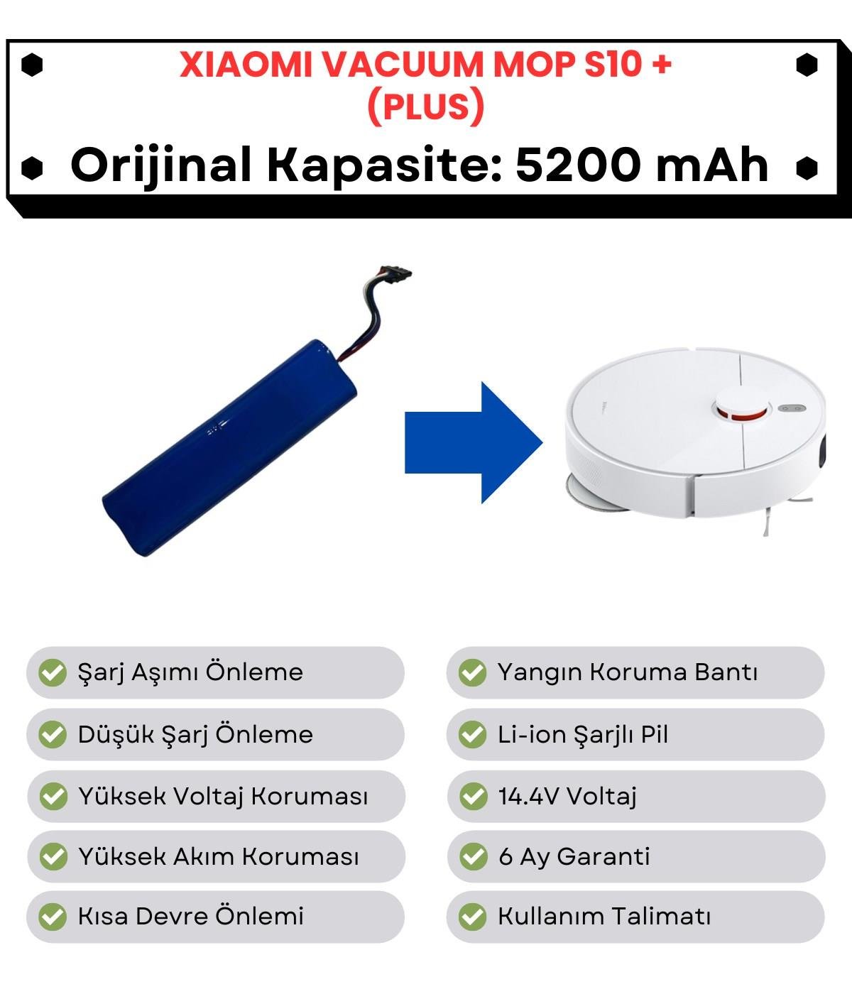 Xiaomi S10+ Plus B105 Uyumlu Batarya 14.4V 5200 mAh Robot Süpürge Pili