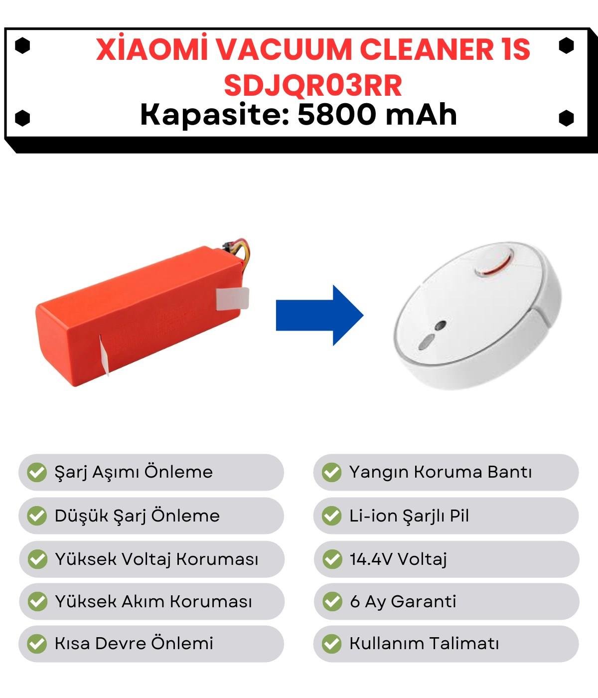 Xiaomi Vacuum Cleaner 1S SDJQR03RR Uyumlu Batarya 14.4V 5800 mAh Robot Süpürge Pili