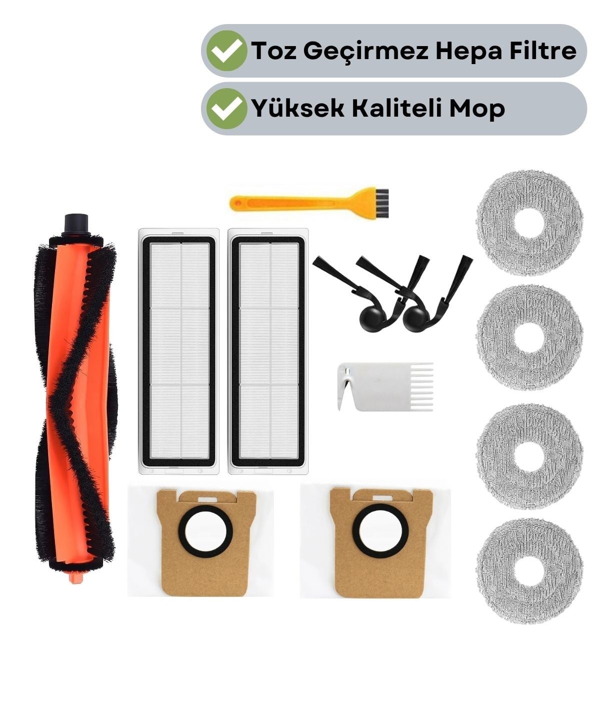 Xiaomi Vacuum H50/H50 Pro Uyumlu Ana Fırça Hepa Filtre Yan Fırça Toz Torbası Mop Bezi-13 Adet