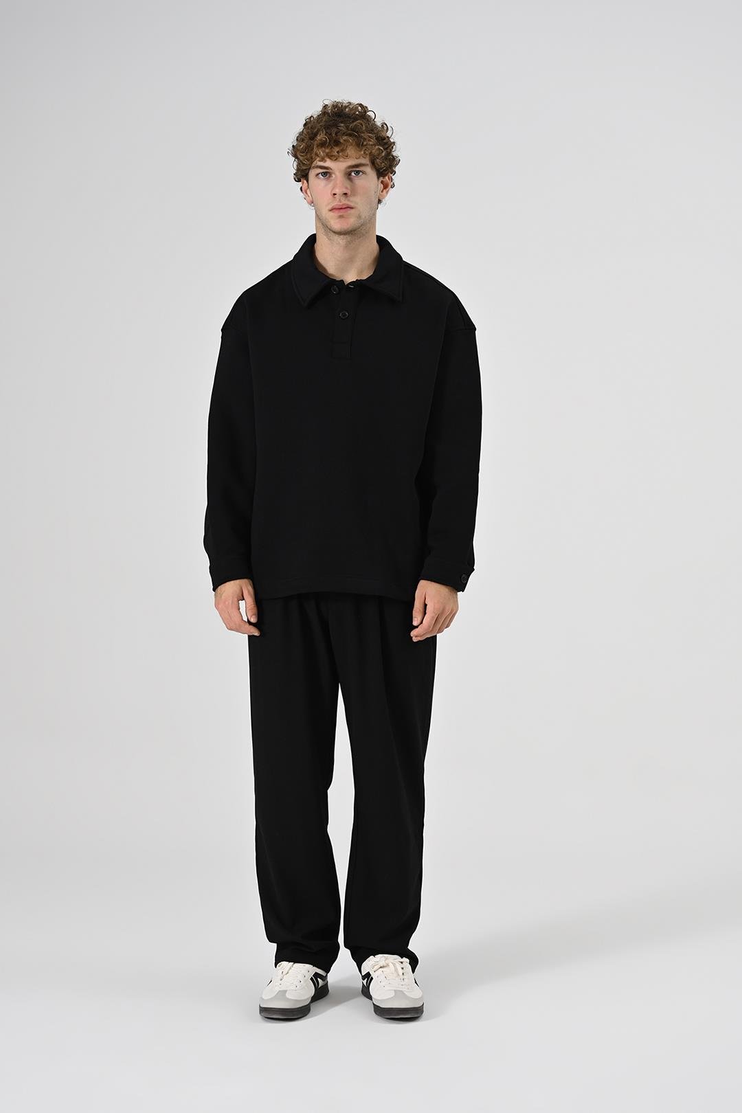 2 İplik Polo Yaka Sweatshirt Siyah