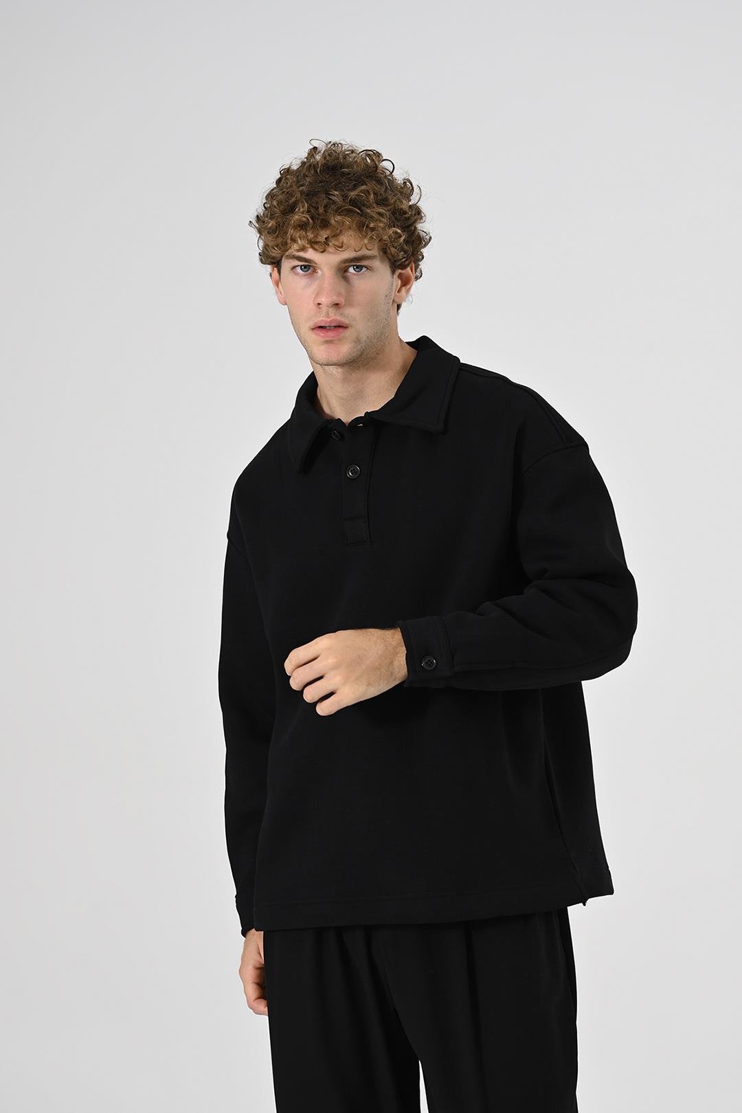 2 İplik Polo Yaka Sweatshirt Siyah