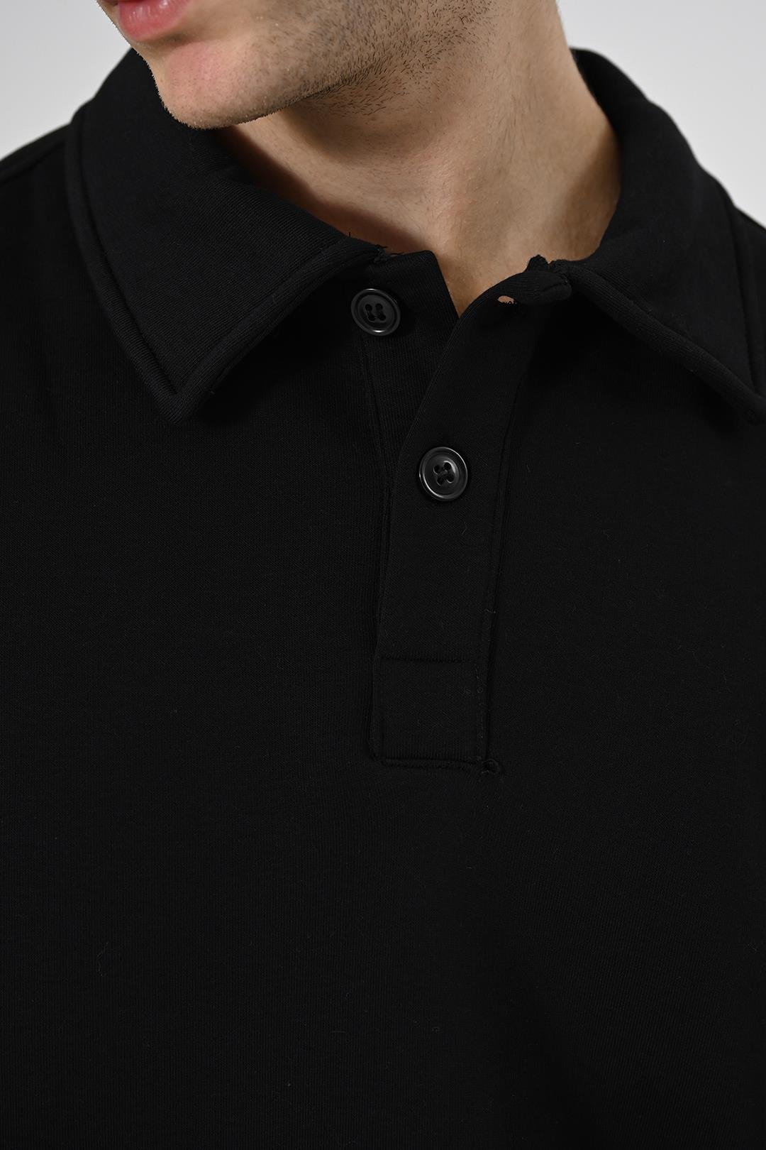 2 İplik Polo Yaka Sweatshirt Siyah