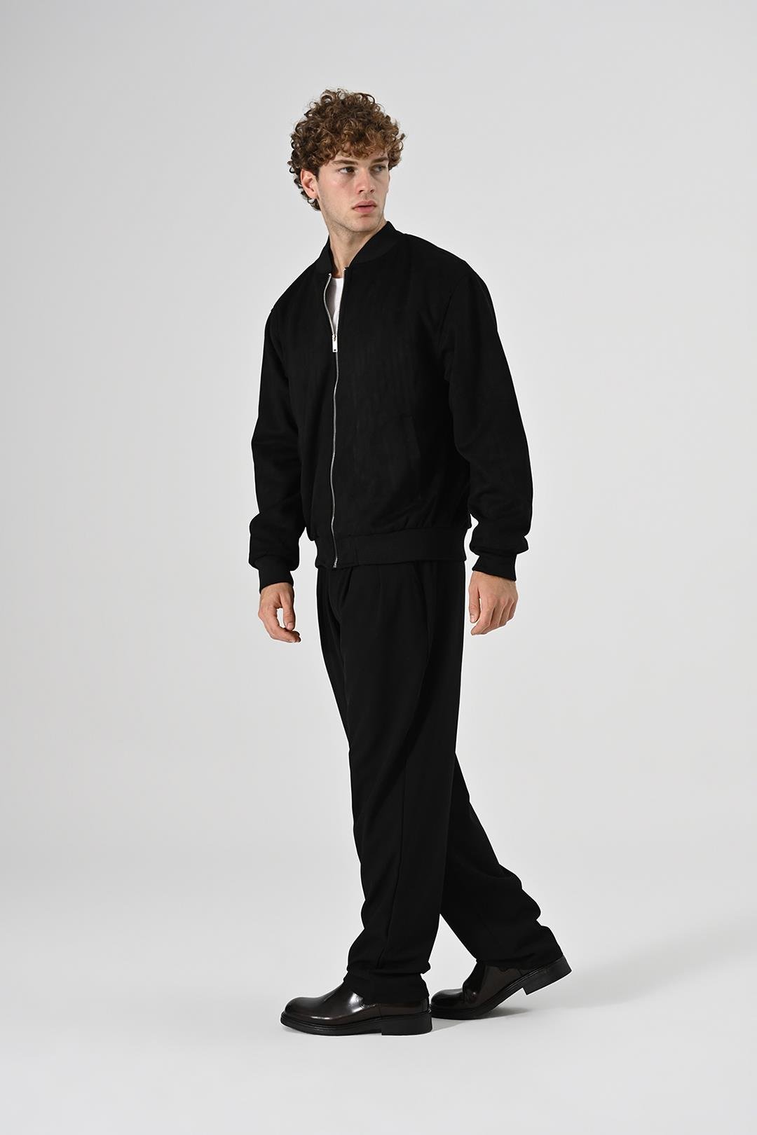 Slim Fit Kolej Yaka Fermuarlı Çift Cepli Mevsimlik Hafif İnce Süet Bomber Mont Ceket Siyah
