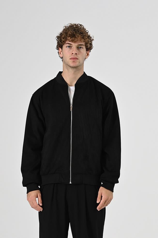 Slim Fit Kolej Yaka Fermuarlı Çift Cepli Mevsimlik Hafif İnce Süet Bomber Mont Ceket Siyah