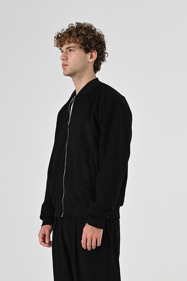 Slim Fit Kolej Yaka Fermuarlı Çift Cepli Mevsimlik Hafif İnce Süet Bomber Mont Ceket Siyah