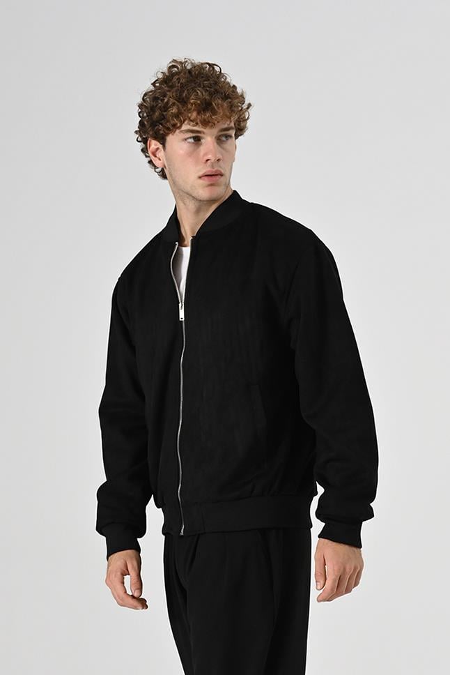 Slim Fit Kolej Yaka Fermuarlı Çift Cepli Mevsimlik Hafif İnce Süet Bomber Mont Ceket Siyah