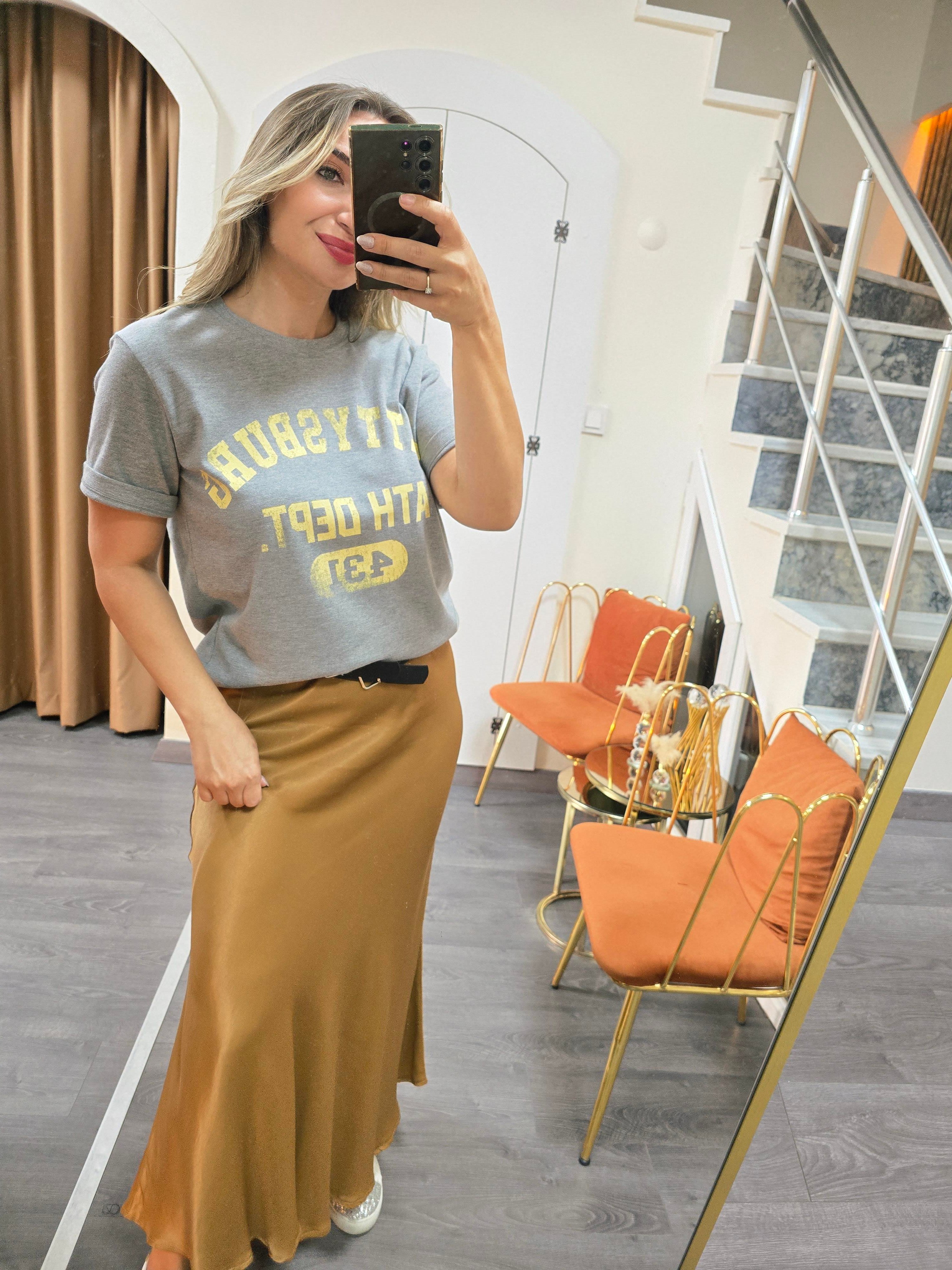 %100 PAMUK SARI BASKILI GRİ TSHIRT