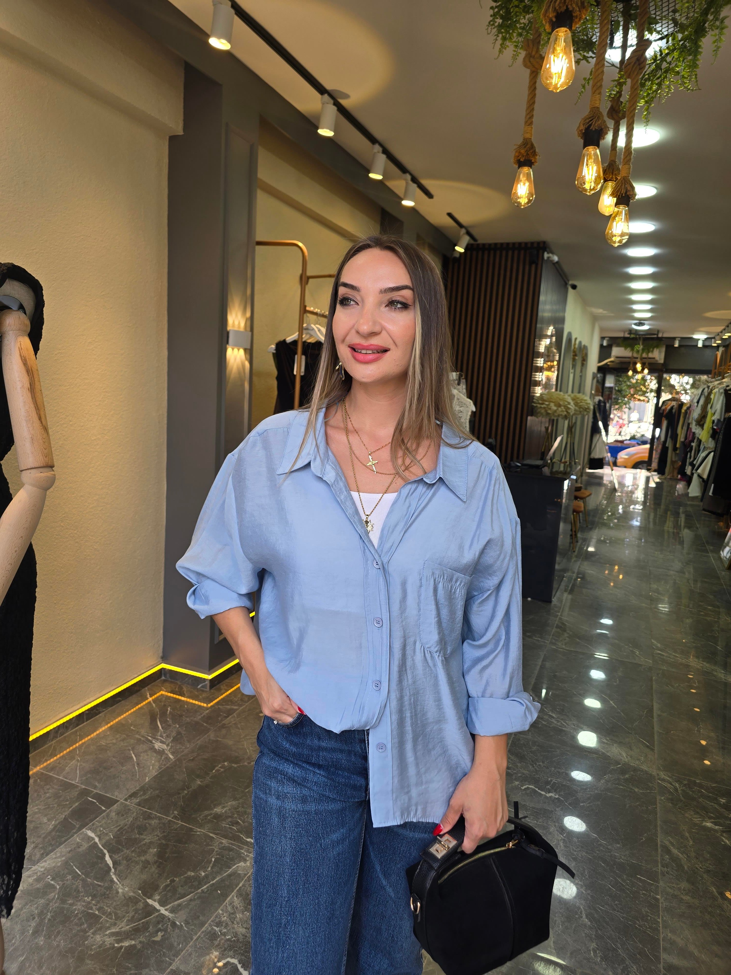 BEBE MAVİSİ OVERSİZE GÖMLEK