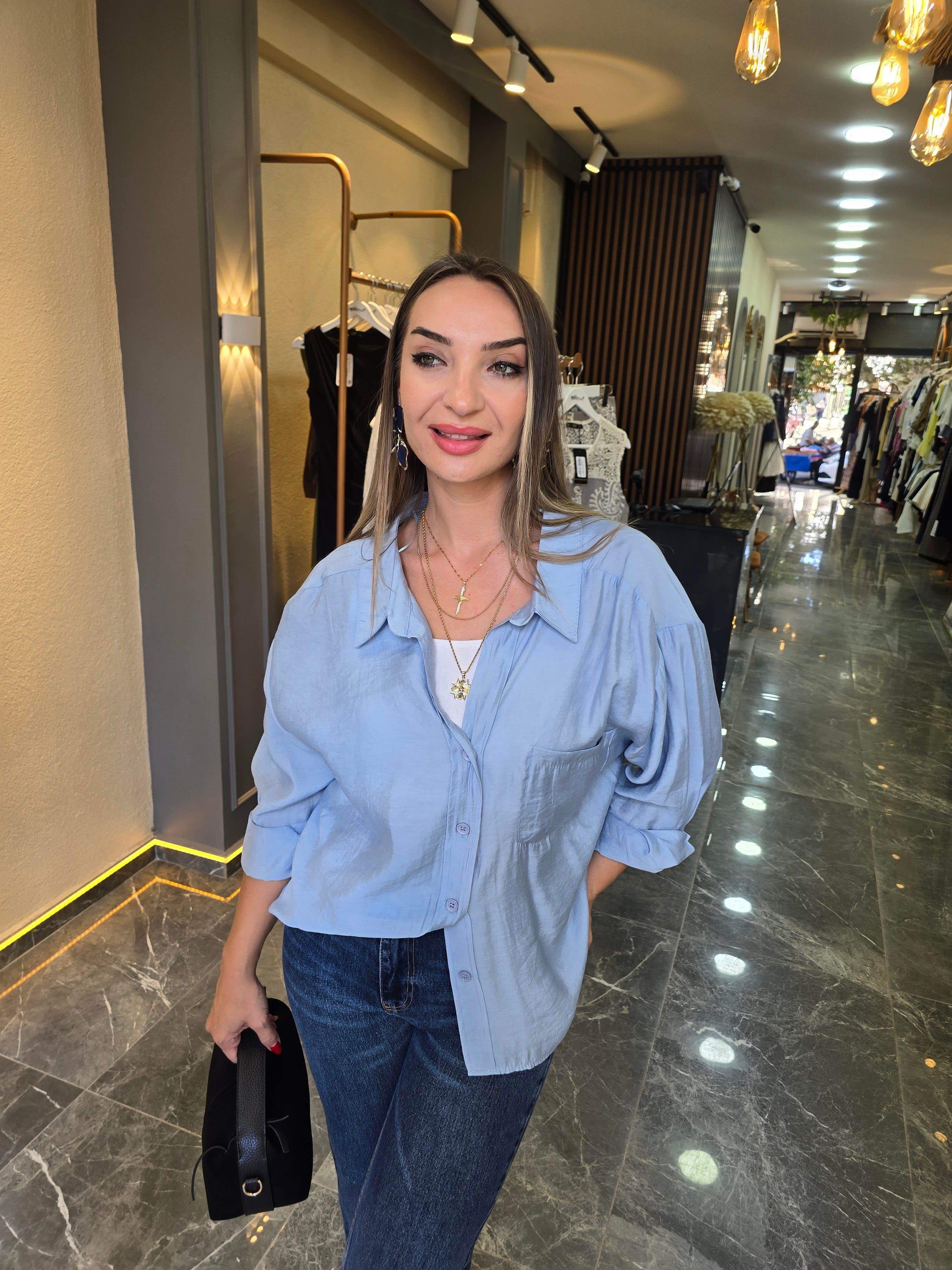 BEBE MAVİSİ OVERSİZE GÖMLEK