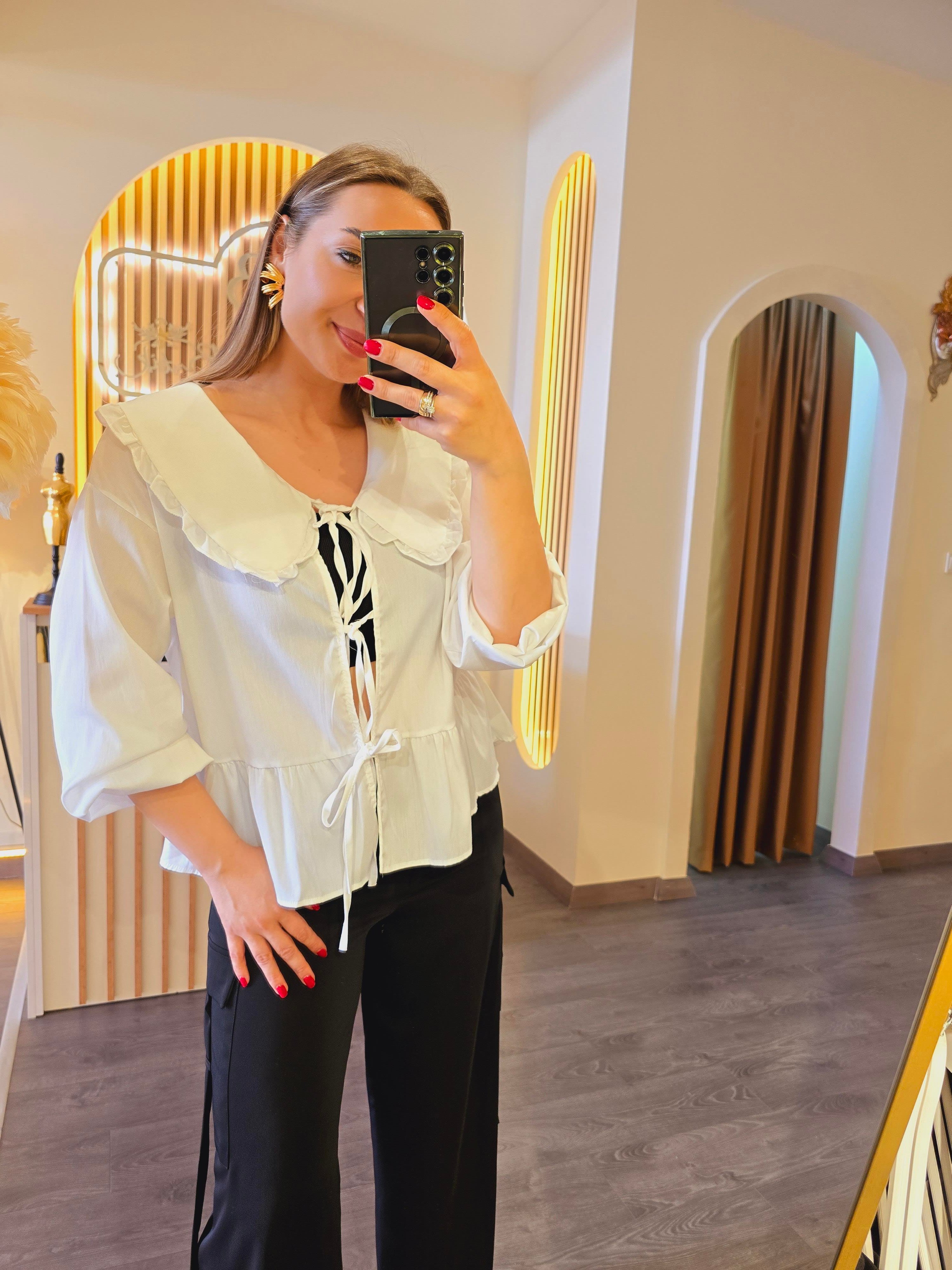BEBE YAKA POPLİN KUMAŞ BAĞLAMALI GÖMLEK 