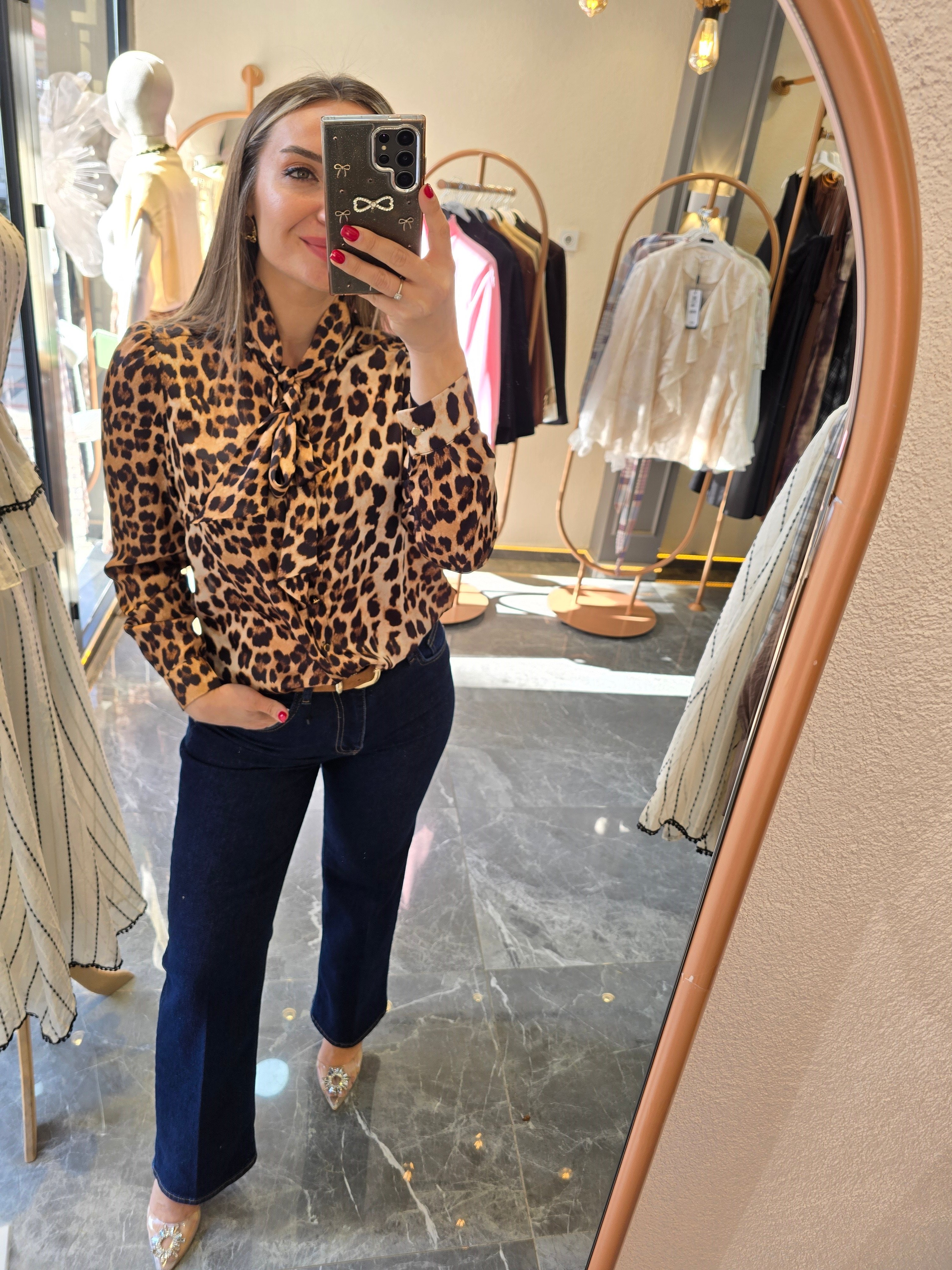 FLARLI LEOPAR SATEN GÖMLEK
