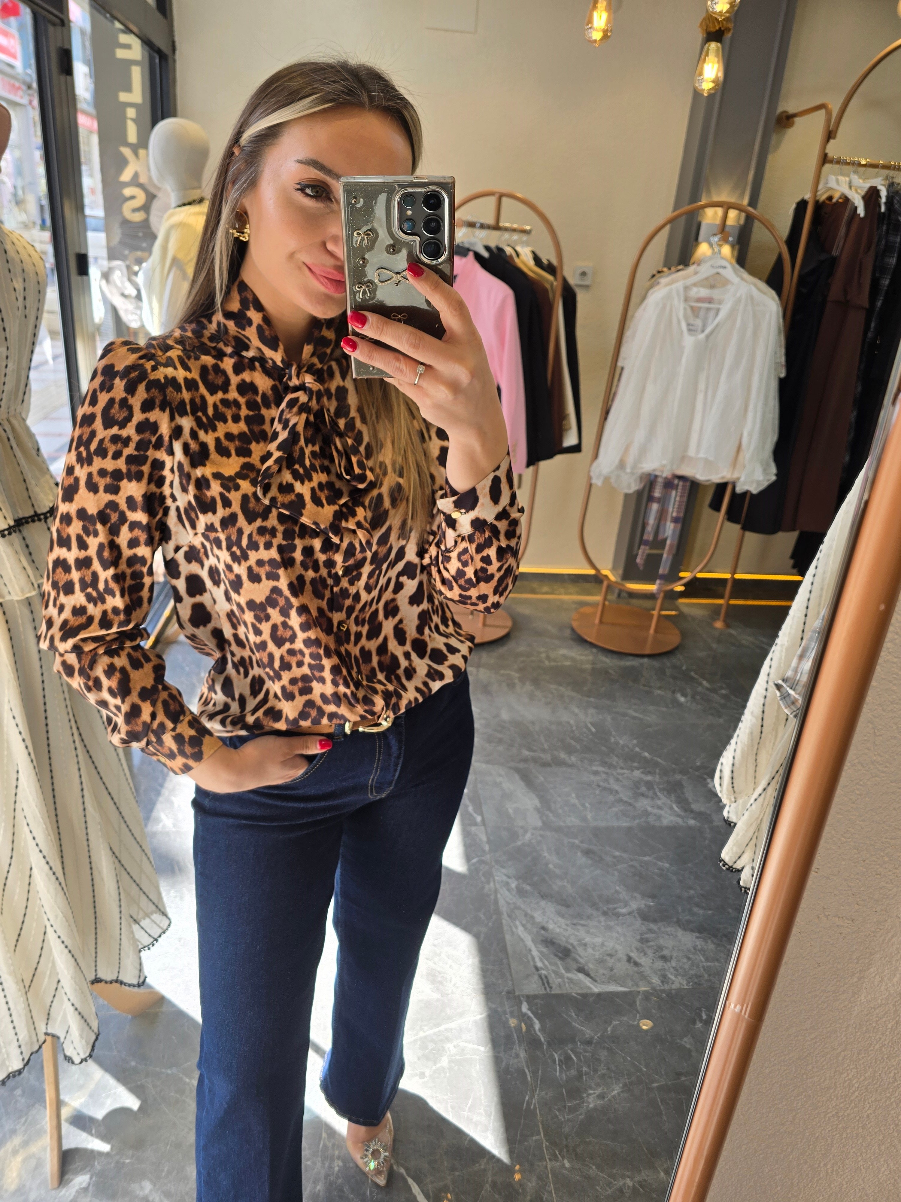 FLARLI LEOPAR SATEN GÖMLEK