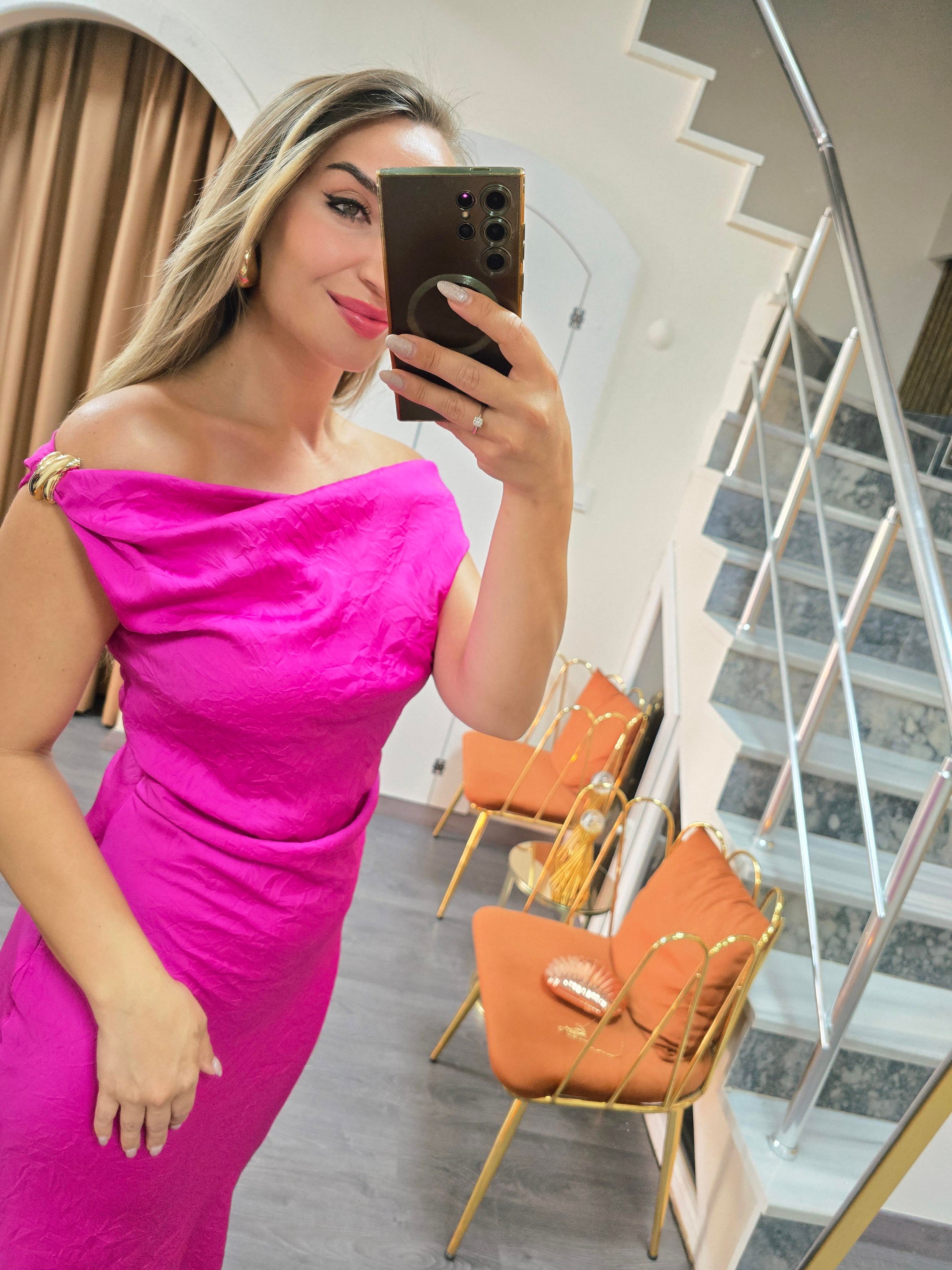 FUŞYA CRUSH SATEN MİDİ BOY ELBİSE