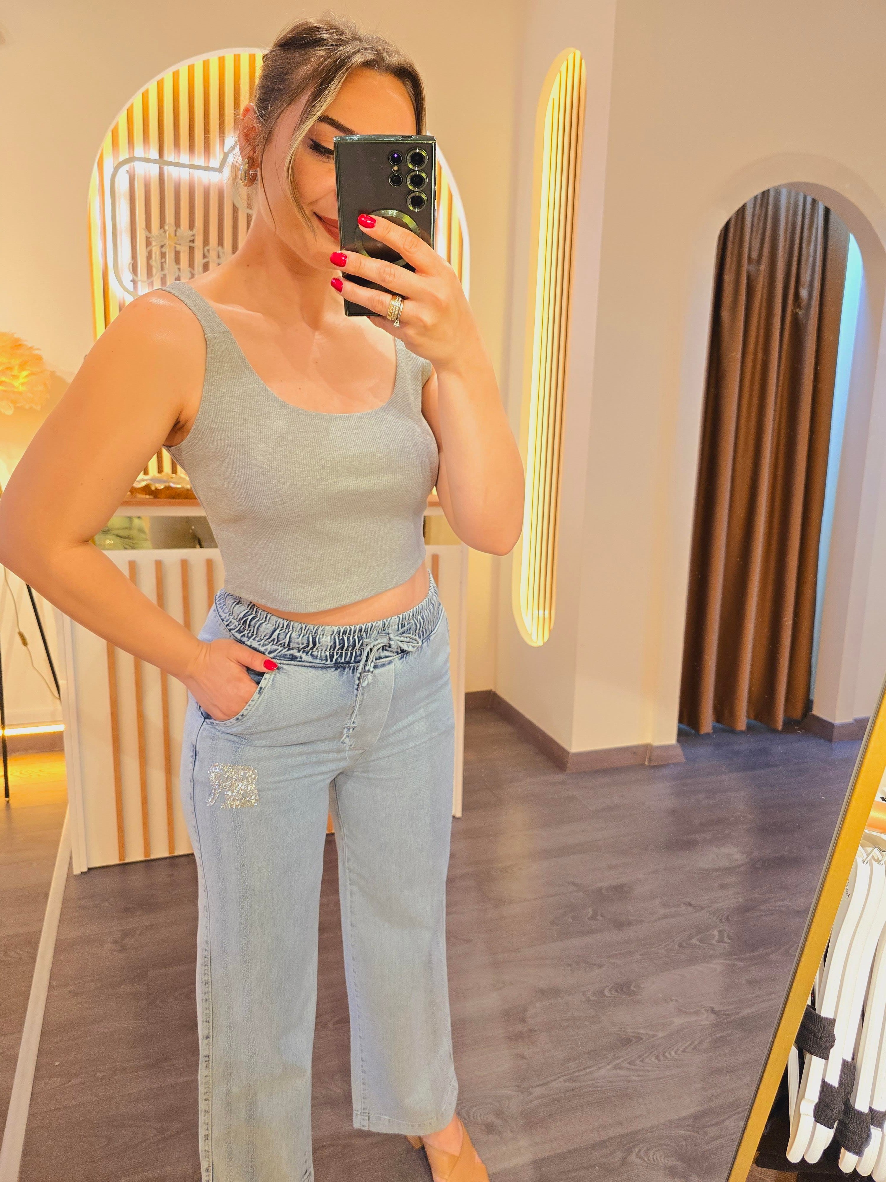 GRİ BİSİKLET YAKA KALIN ASKILI CROP