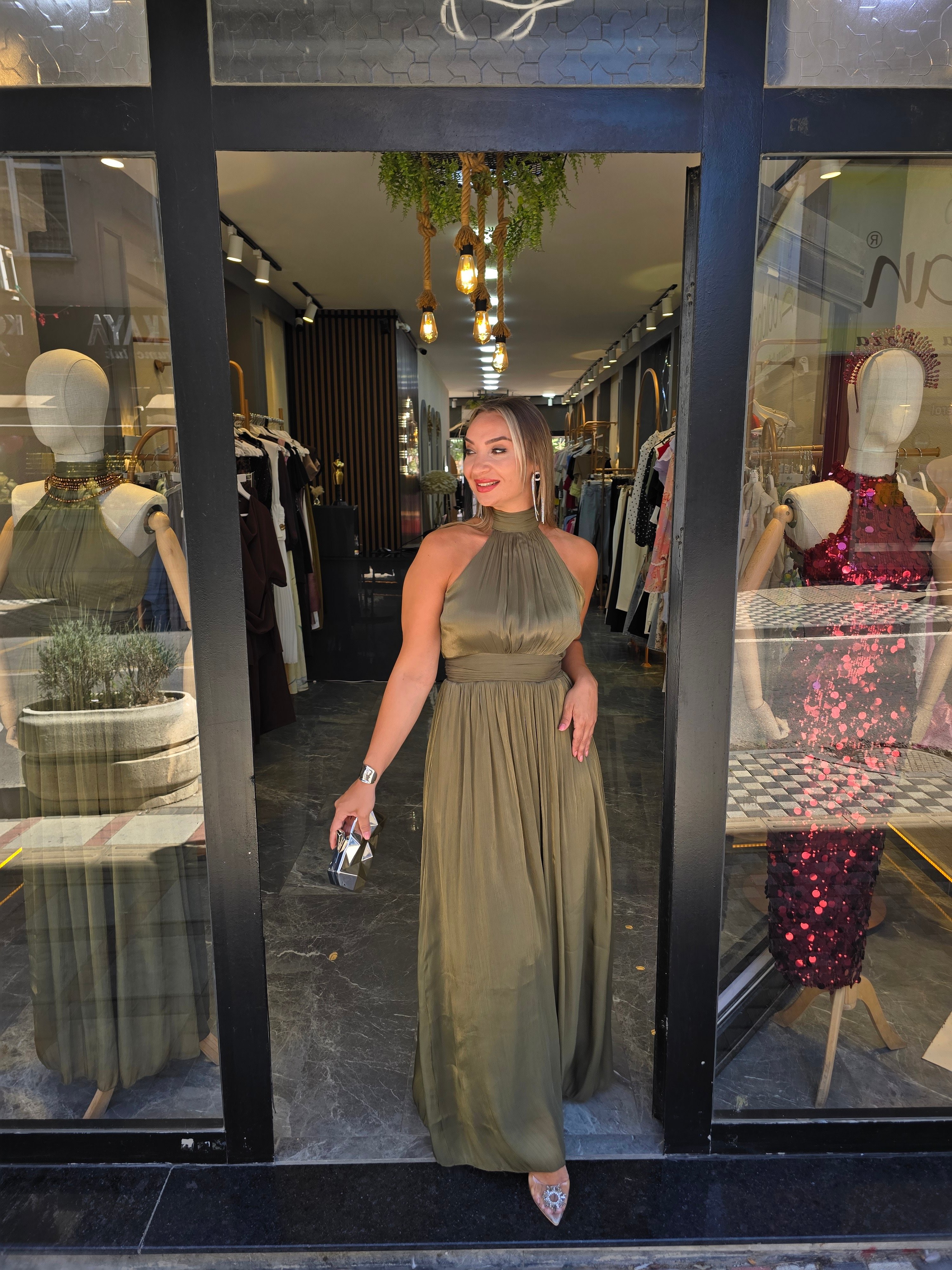 HAKİ ORGANZE KUMAŞ ELBİSE
