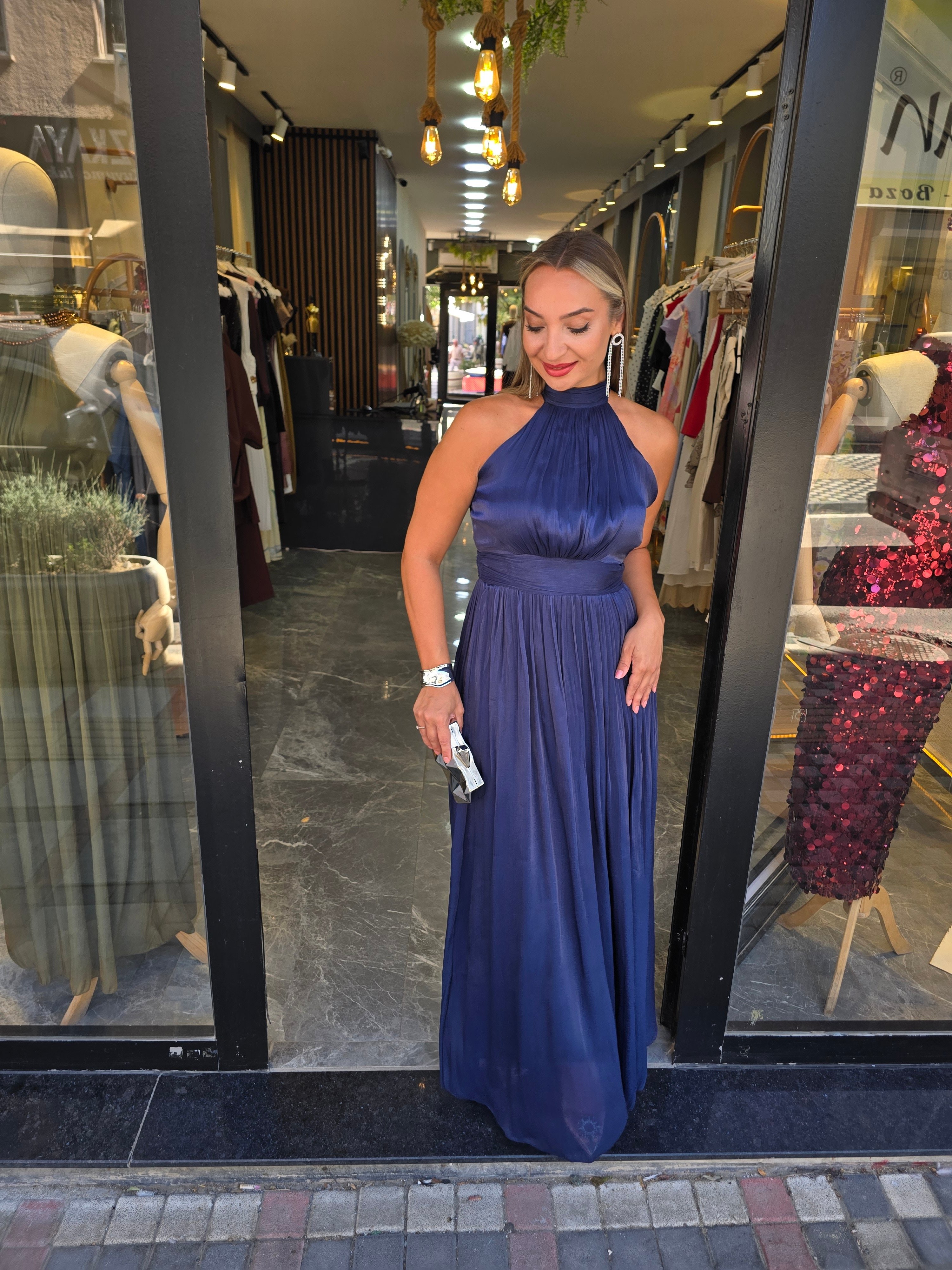 LACİVERT ORGANZE KUMAŞ ELBİSE