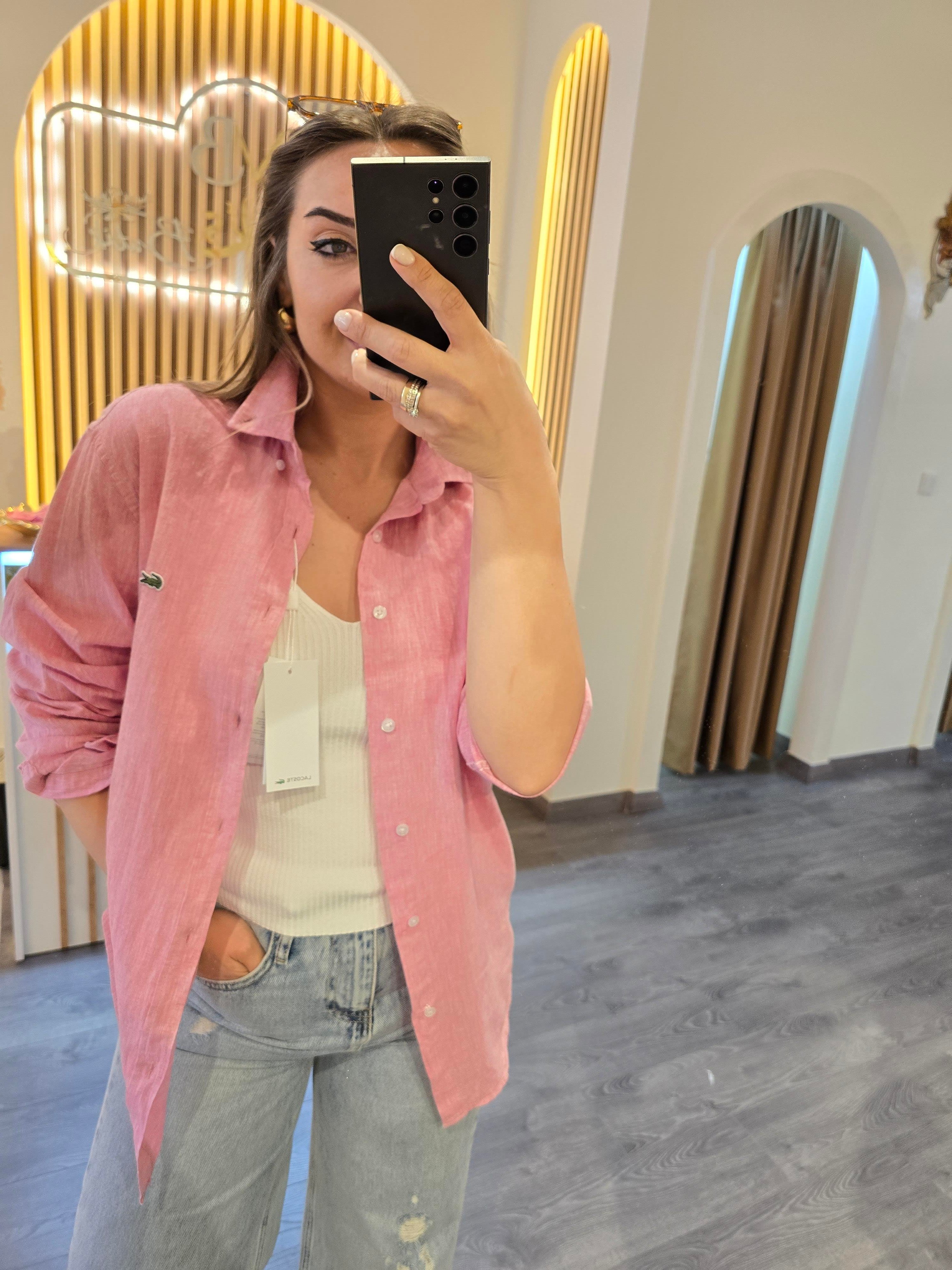 LACOSTE MODEL UNİSEX HAM KETEN AÇIK PEMBE GÖMLEK