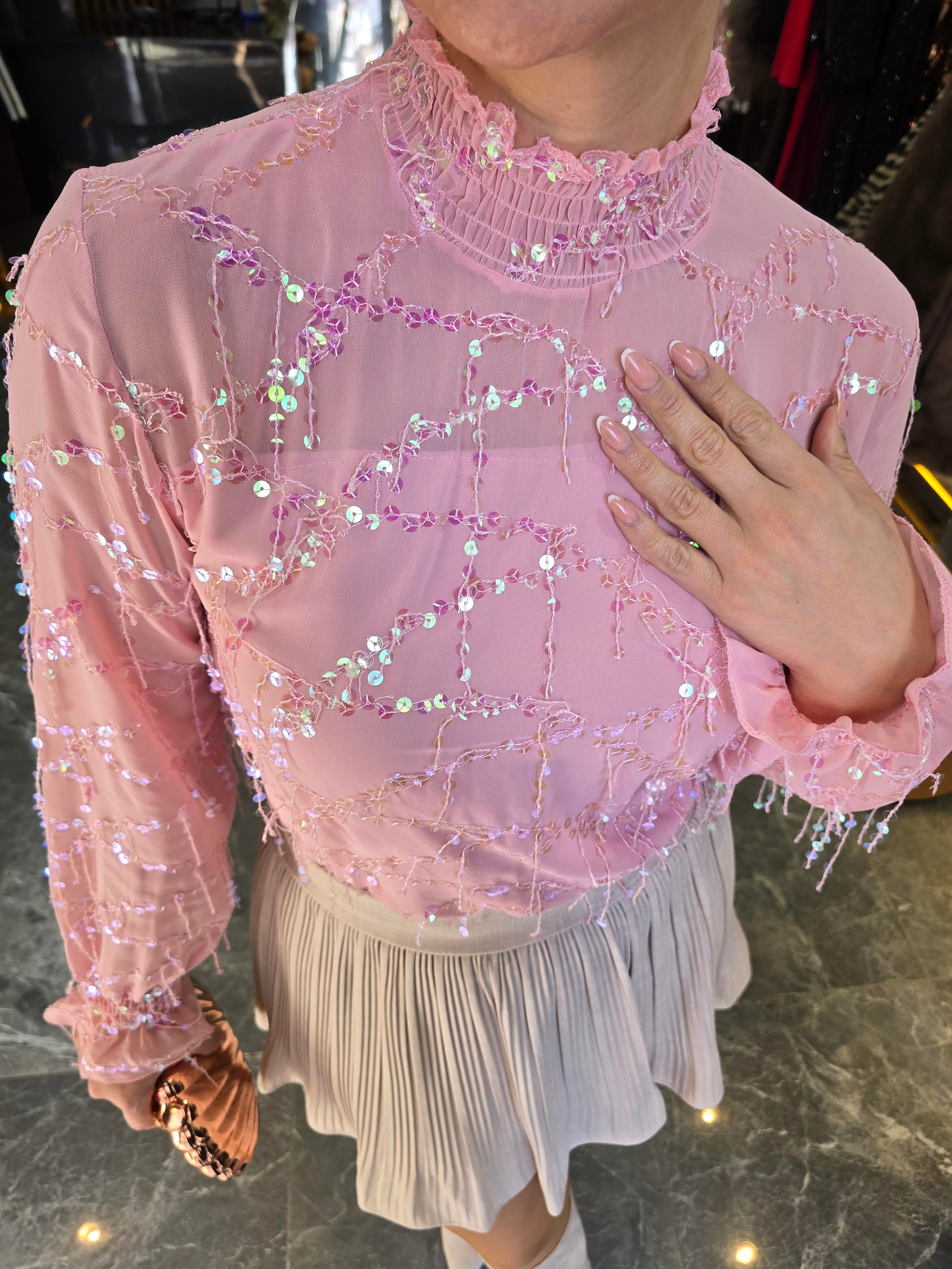 PEMBE PUL PAYET ASTARLI ŞİFON BLUZ
