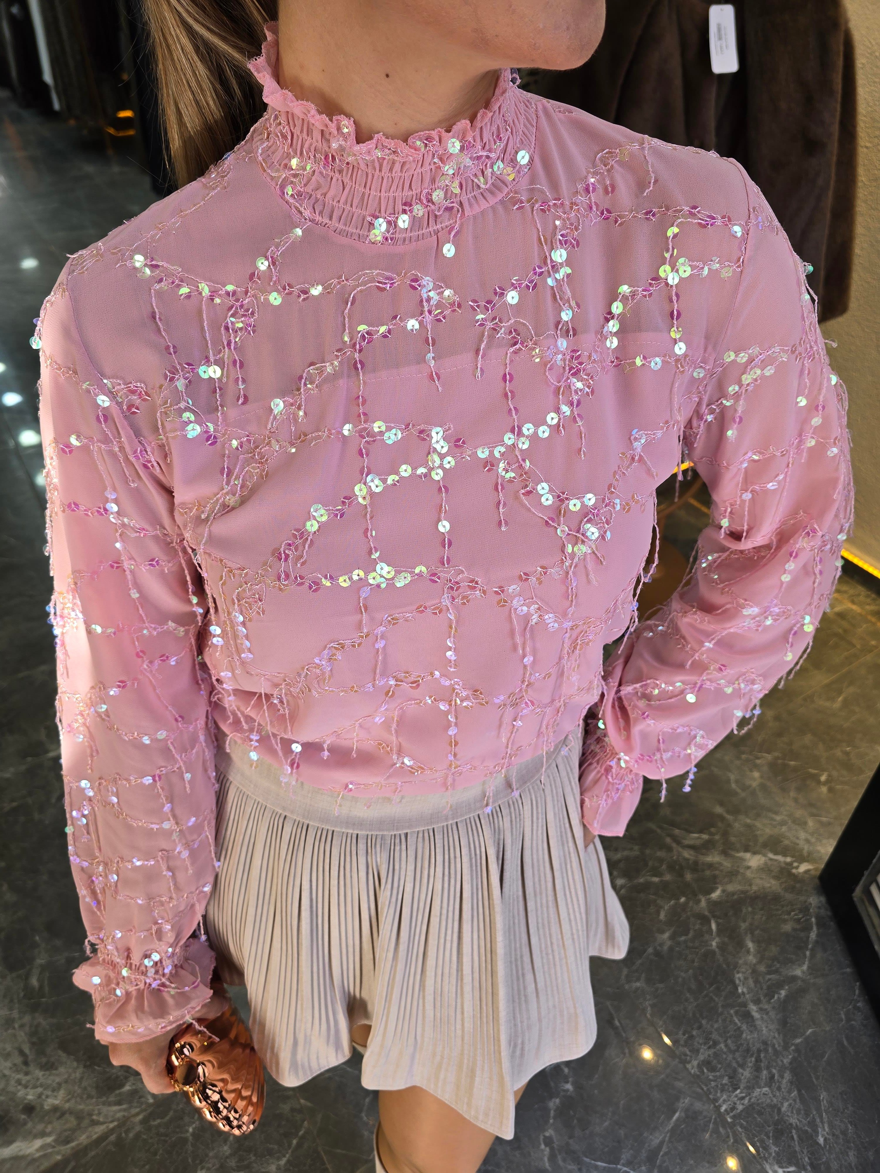 PEMBE PUL PAYET ASTARLI ŞİFON BLUZ