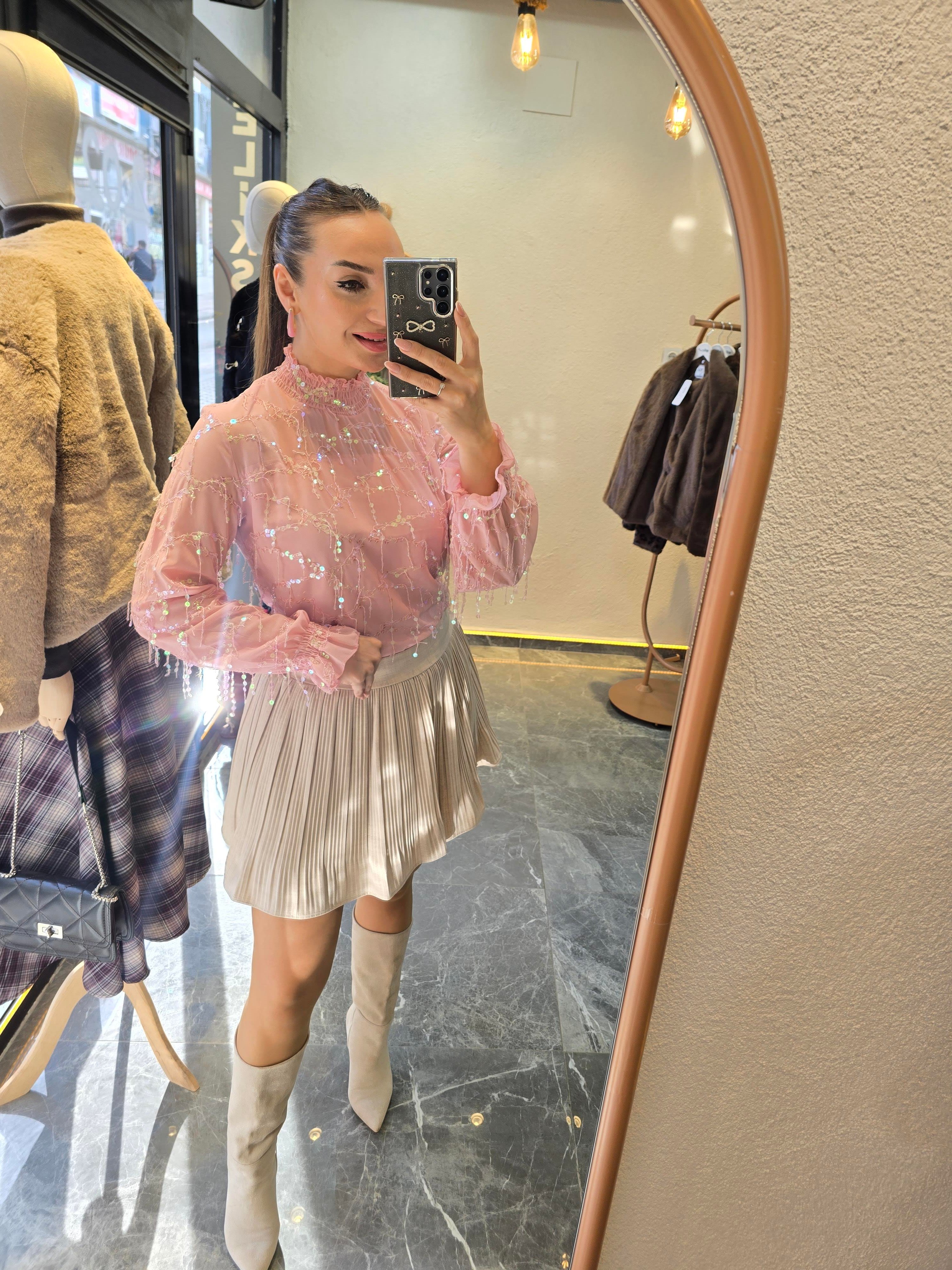 PEMBE PUL PAYET ASTARLI ŞİFON BLUZ