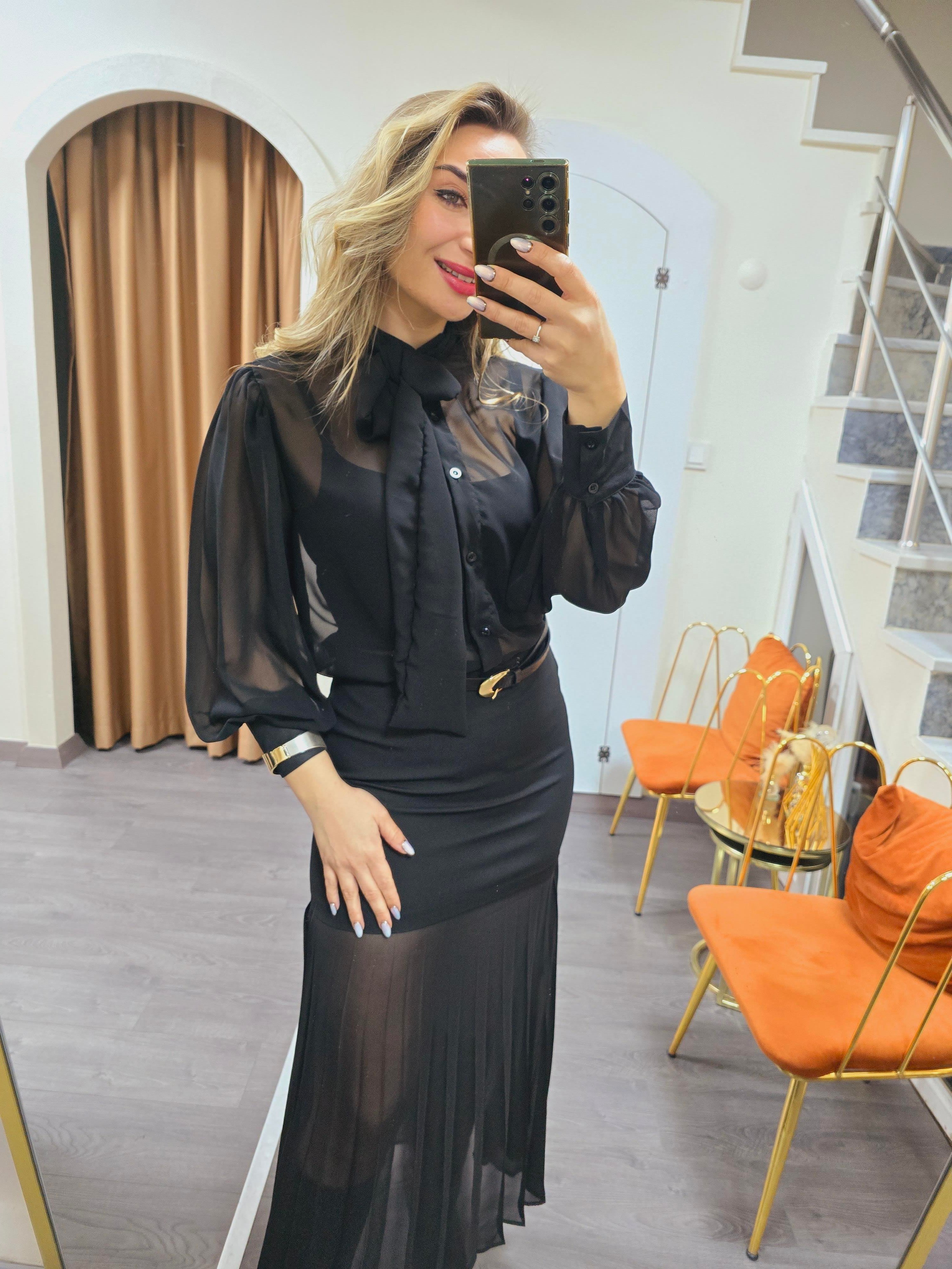 SİYAH BALON KOL İPEK ŞİFON GÖMLEK
