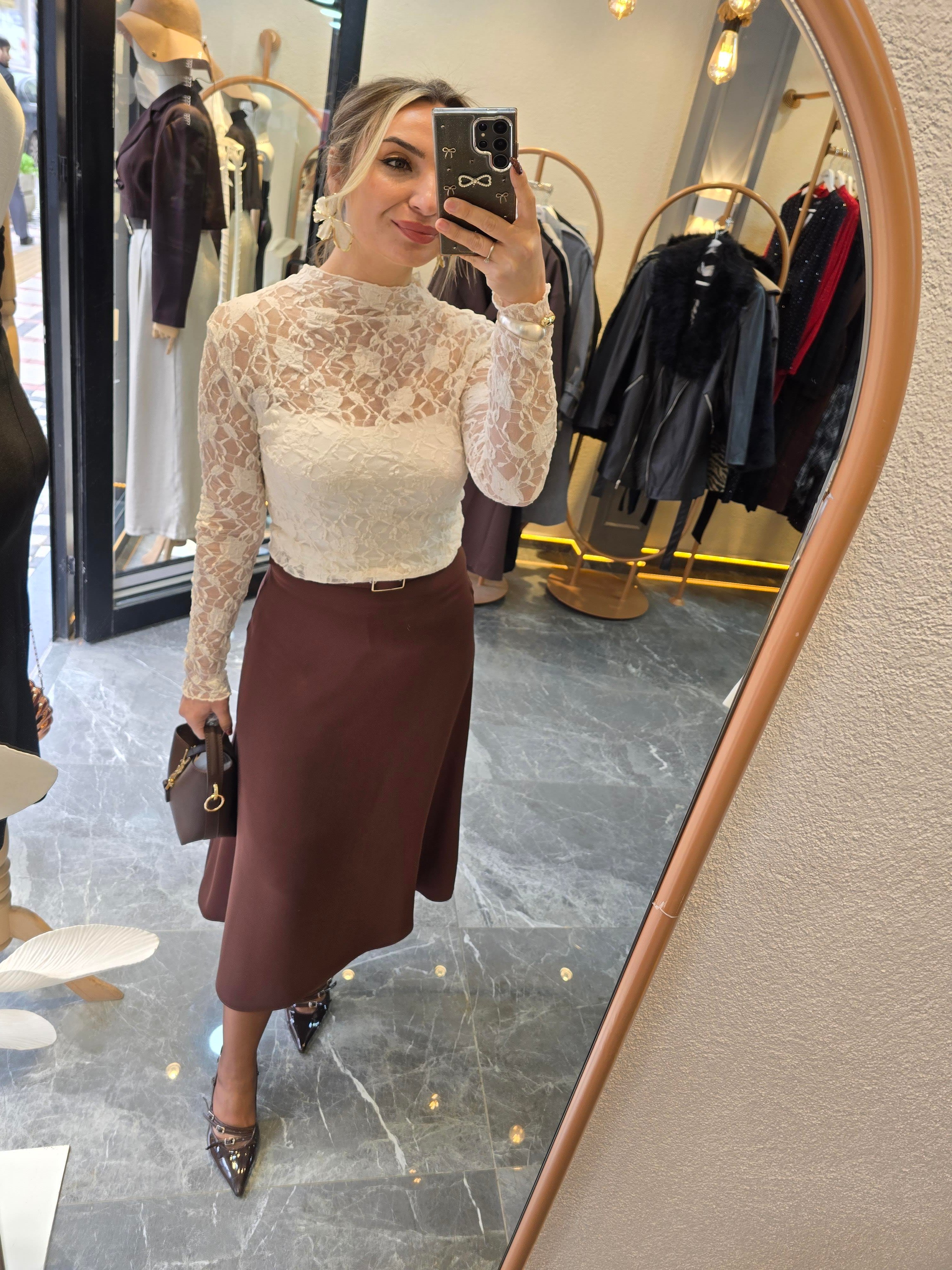 TRANSPARAN EKRU DANTEL  BLUZ 