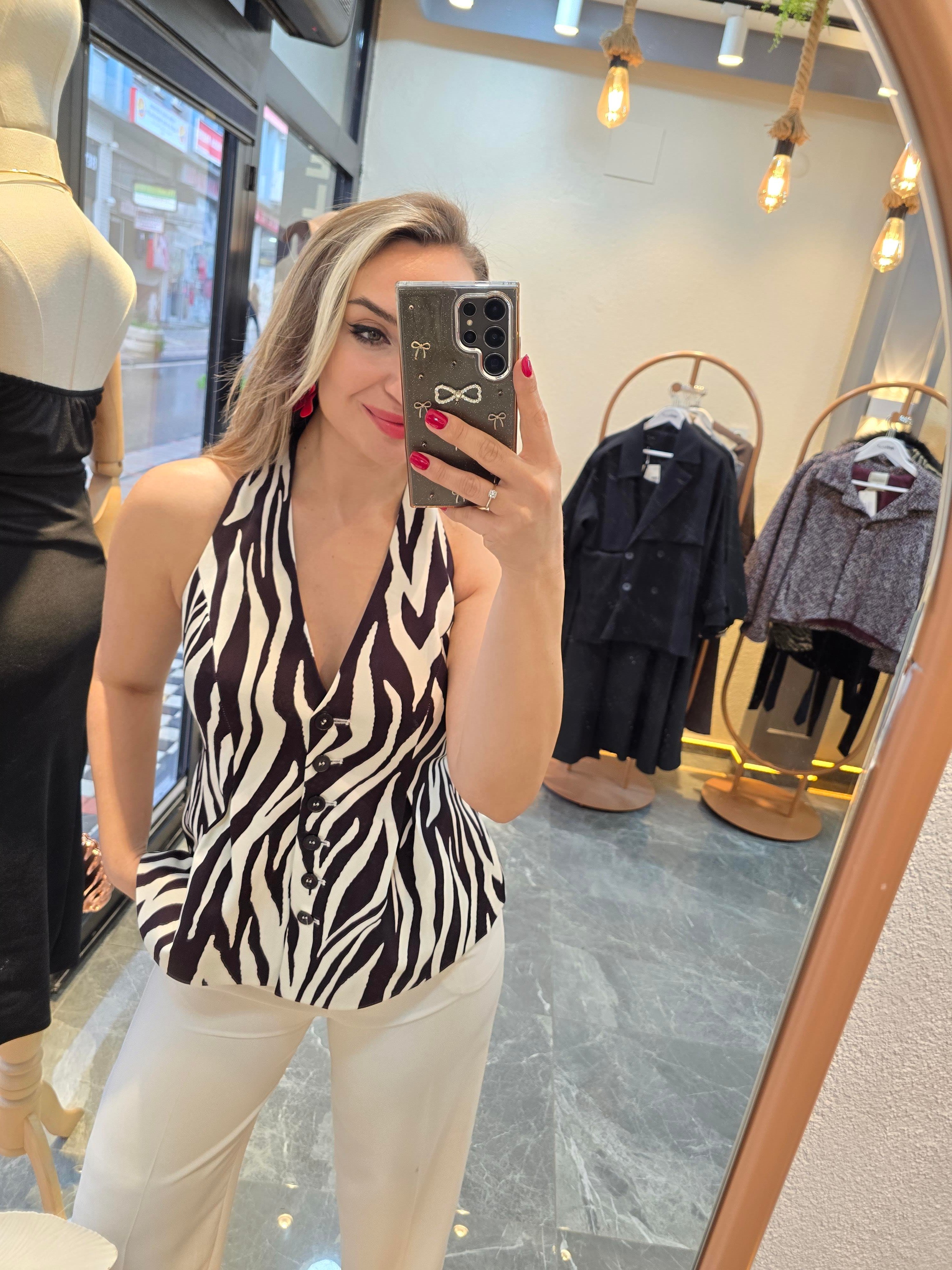 zebra boyundan askılı bluz
