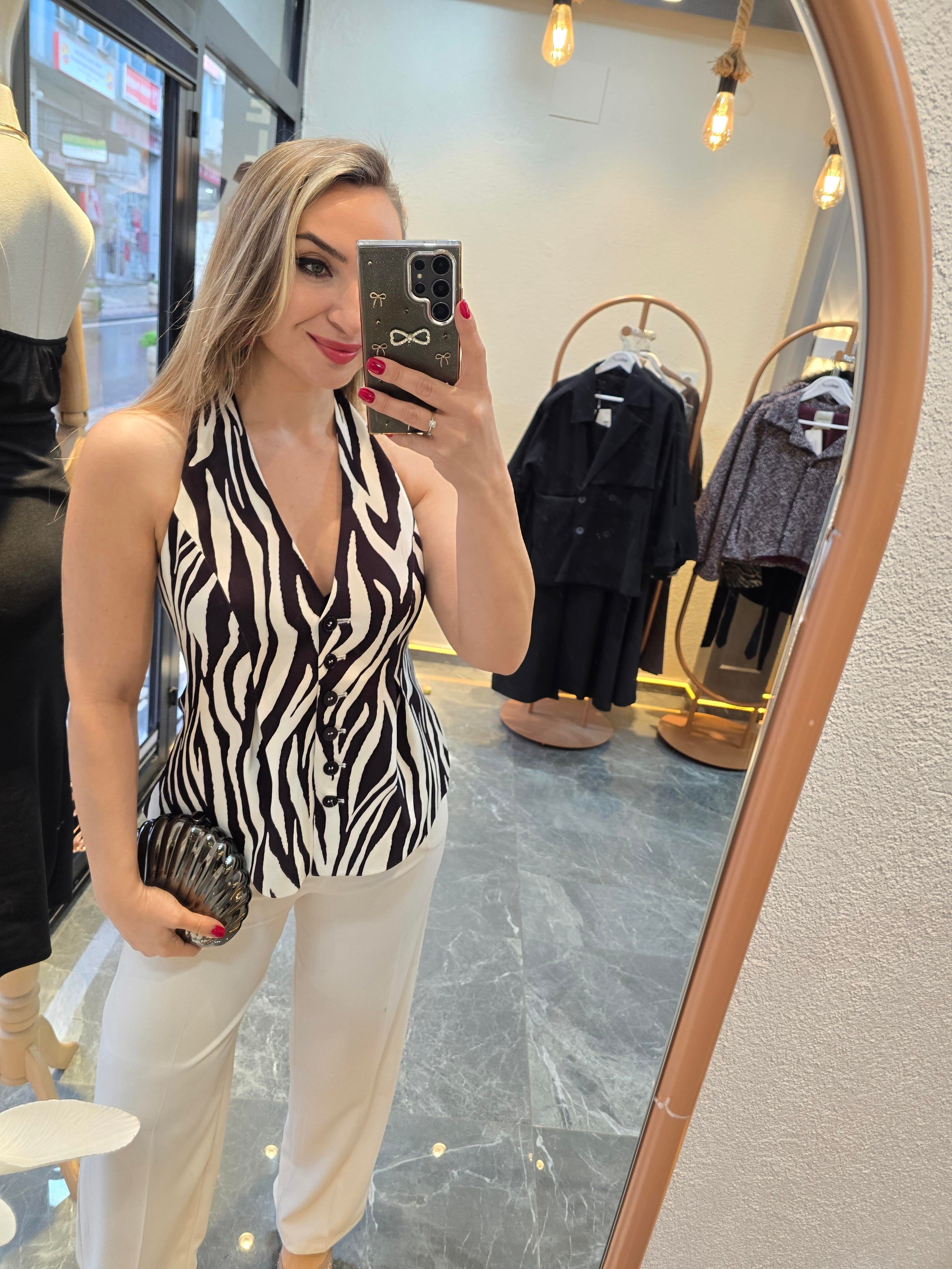 zebra boyundan askılı bluz