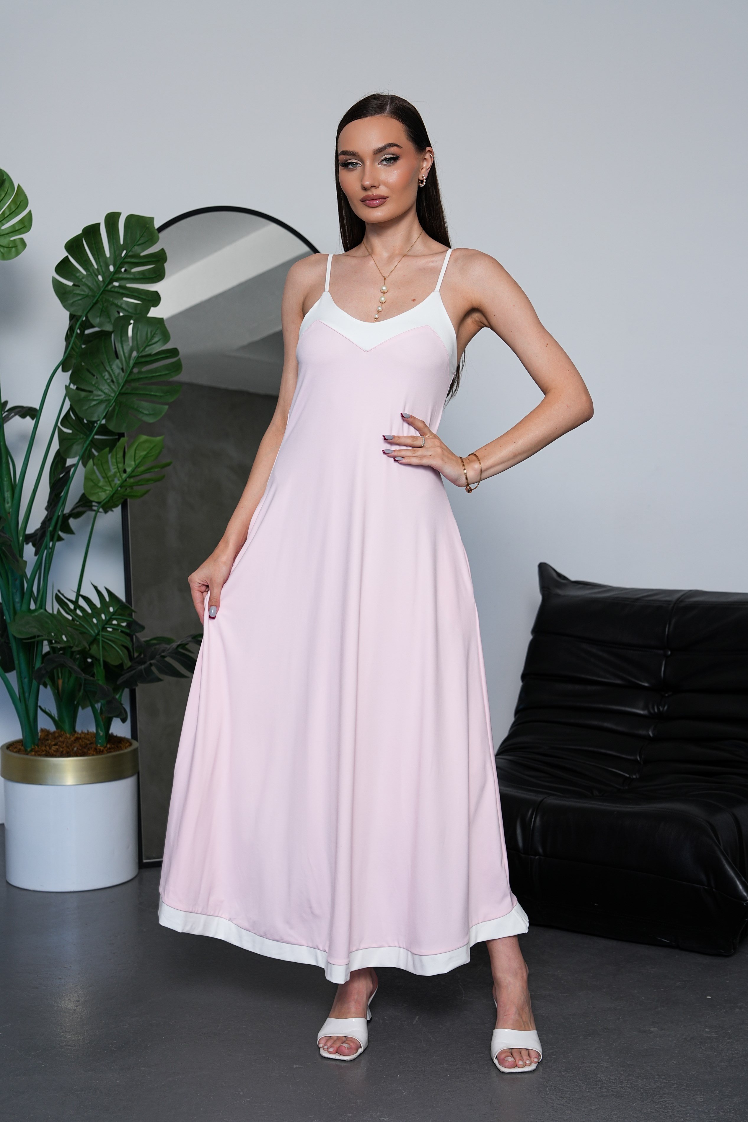 Askılı Beyaz Biyeli Elbise-Pembe
