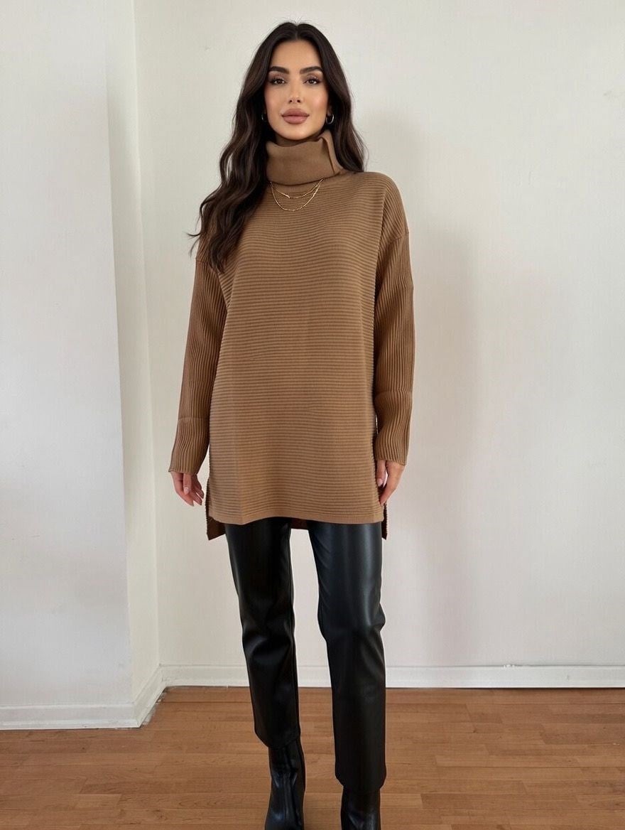Balıkçı Yaka Oversize Triko Kazak-Camel