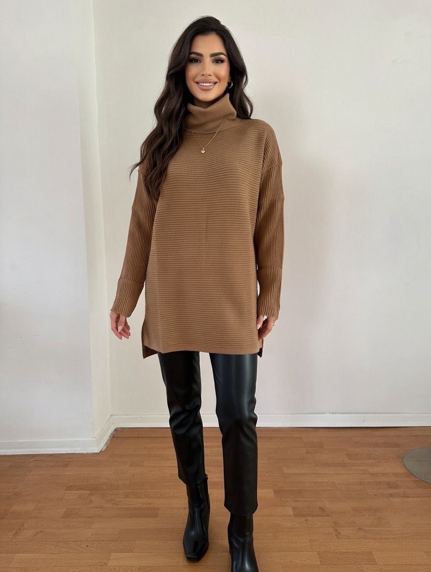 Balıkçı Yaka Oversize Triko Kazak-Camel