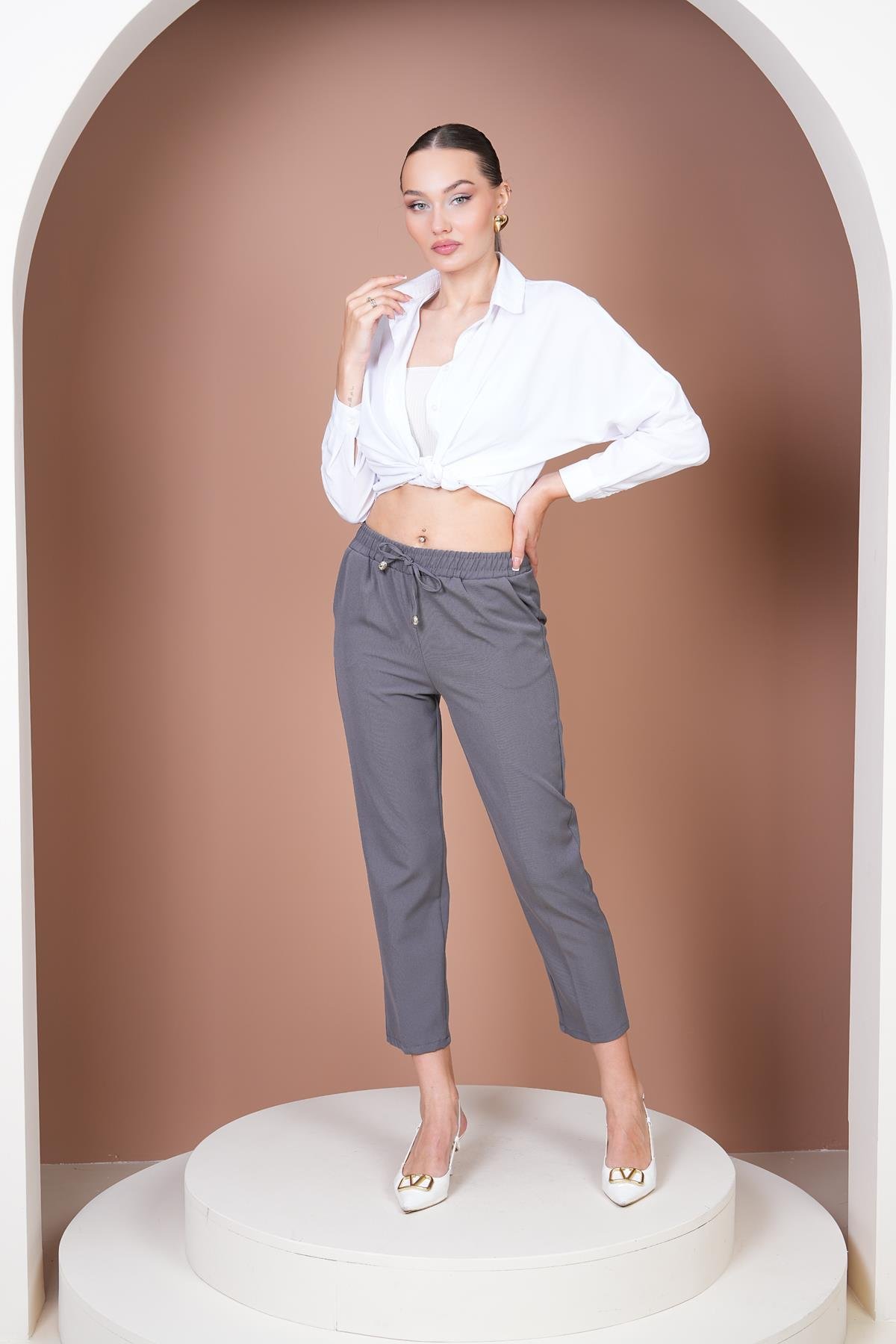 Beli Lastikli Havuç Pantalon-Antrasit Gri