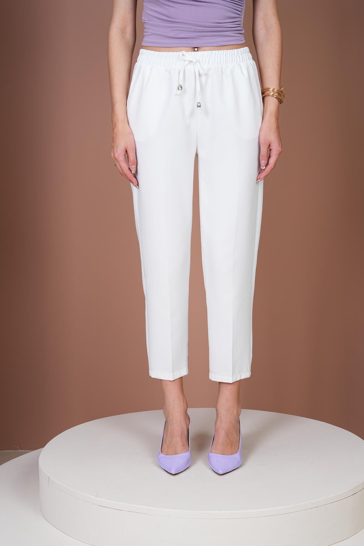 Beli Lastikli Havuç Pantalon-Beyaz