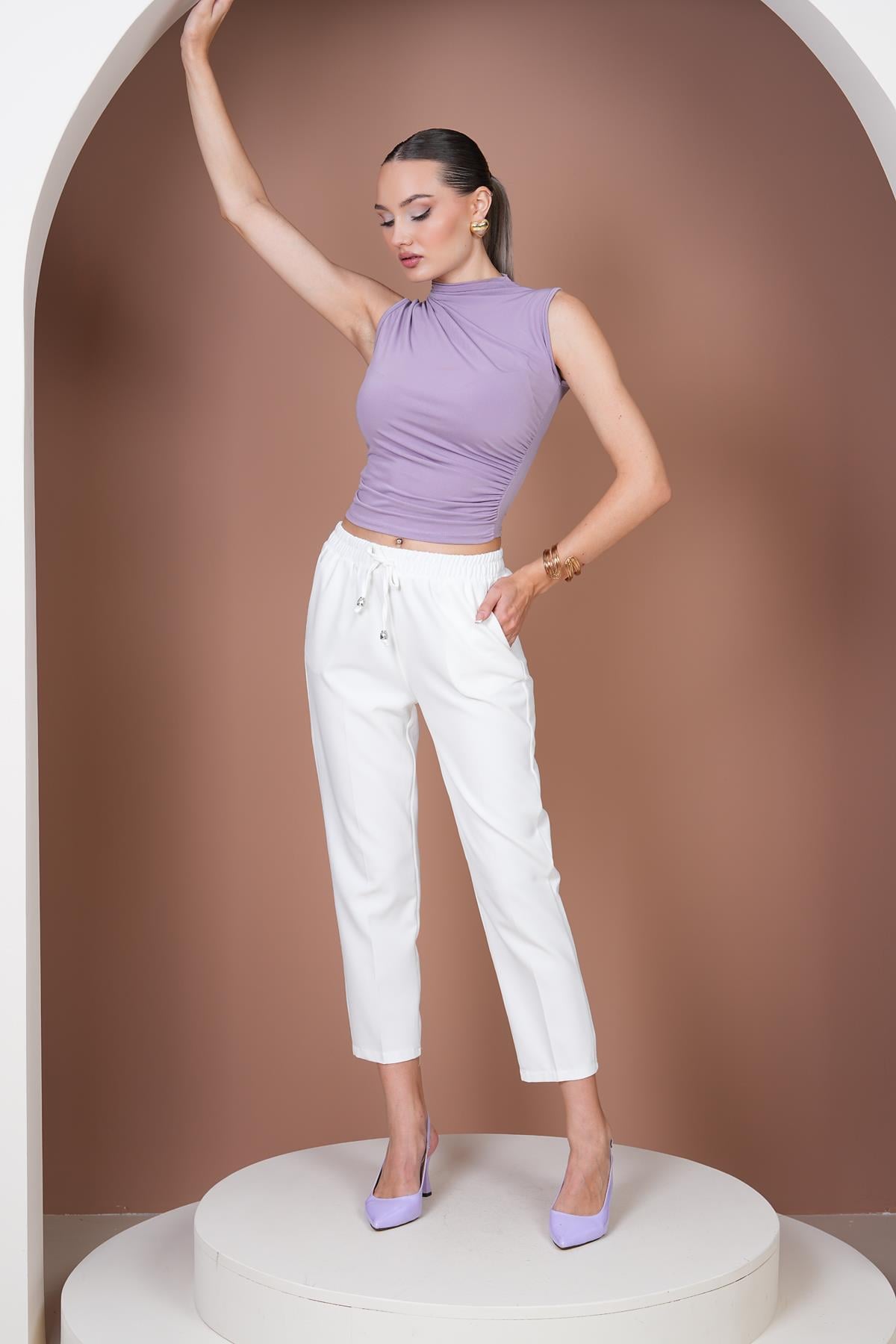Beli Lastikli Havuç Pantalon-Beyaz