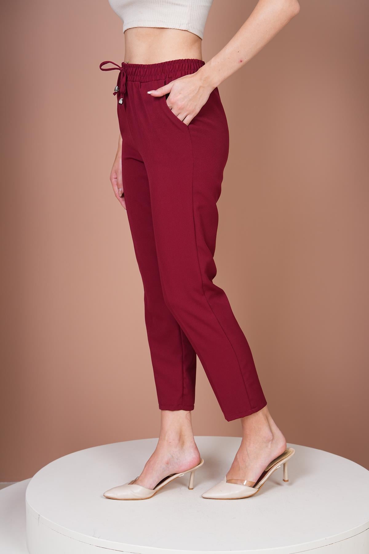 Beli Lastikli Havuç Pantalon- Bordo