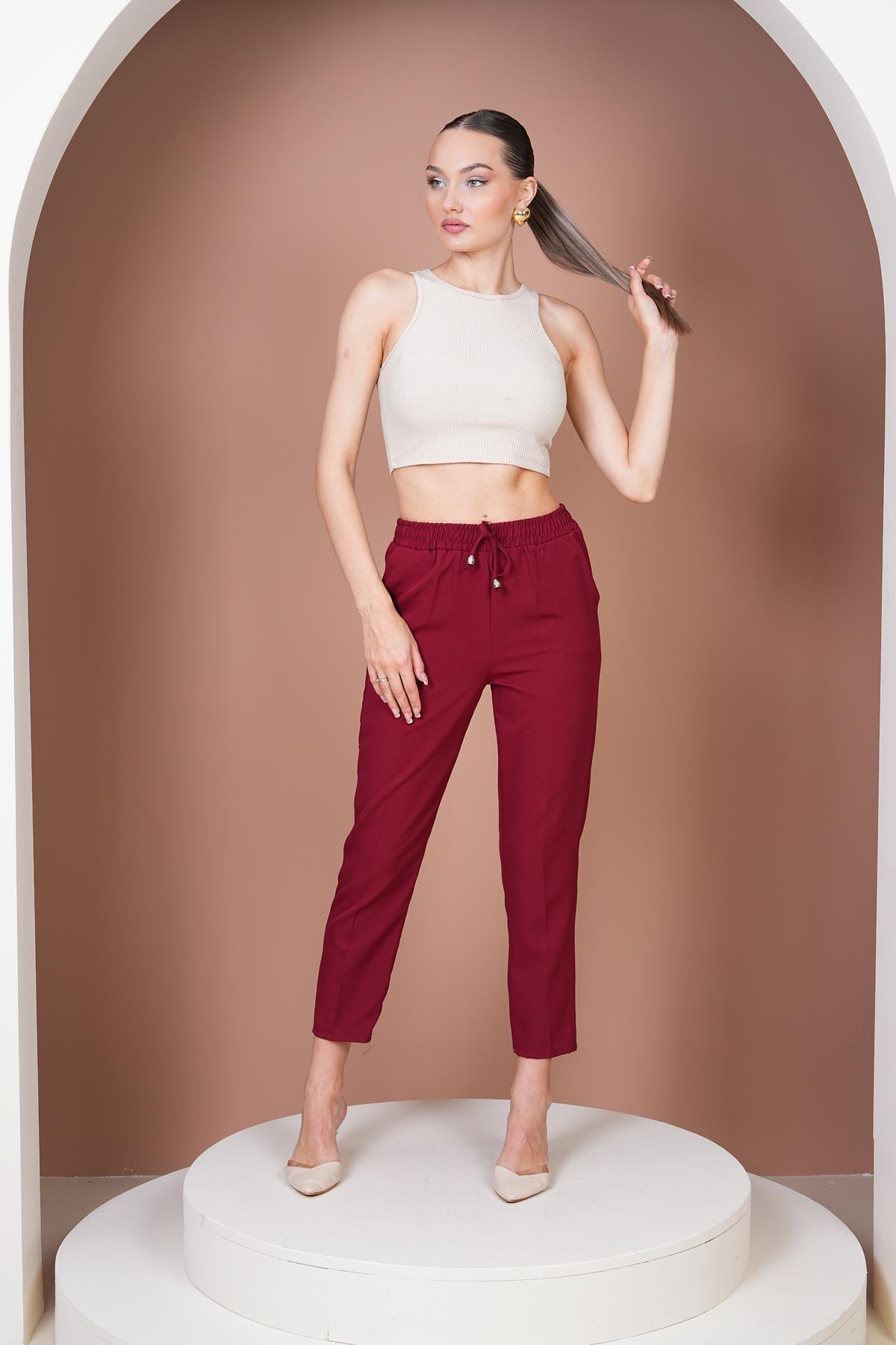 Beli Lastikli Havuç Pantalon- Bordo