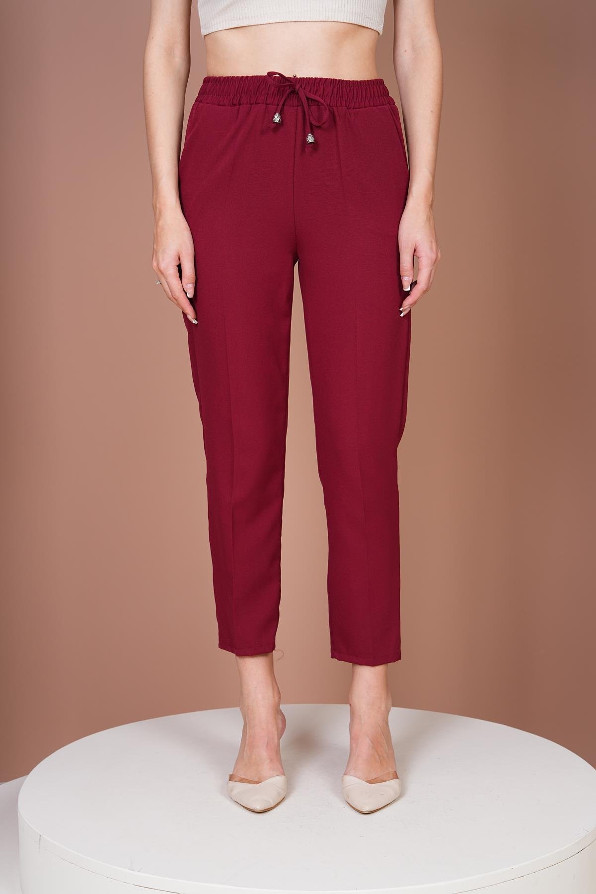 Beli Lastikli Havuç Pantalon- Bordo