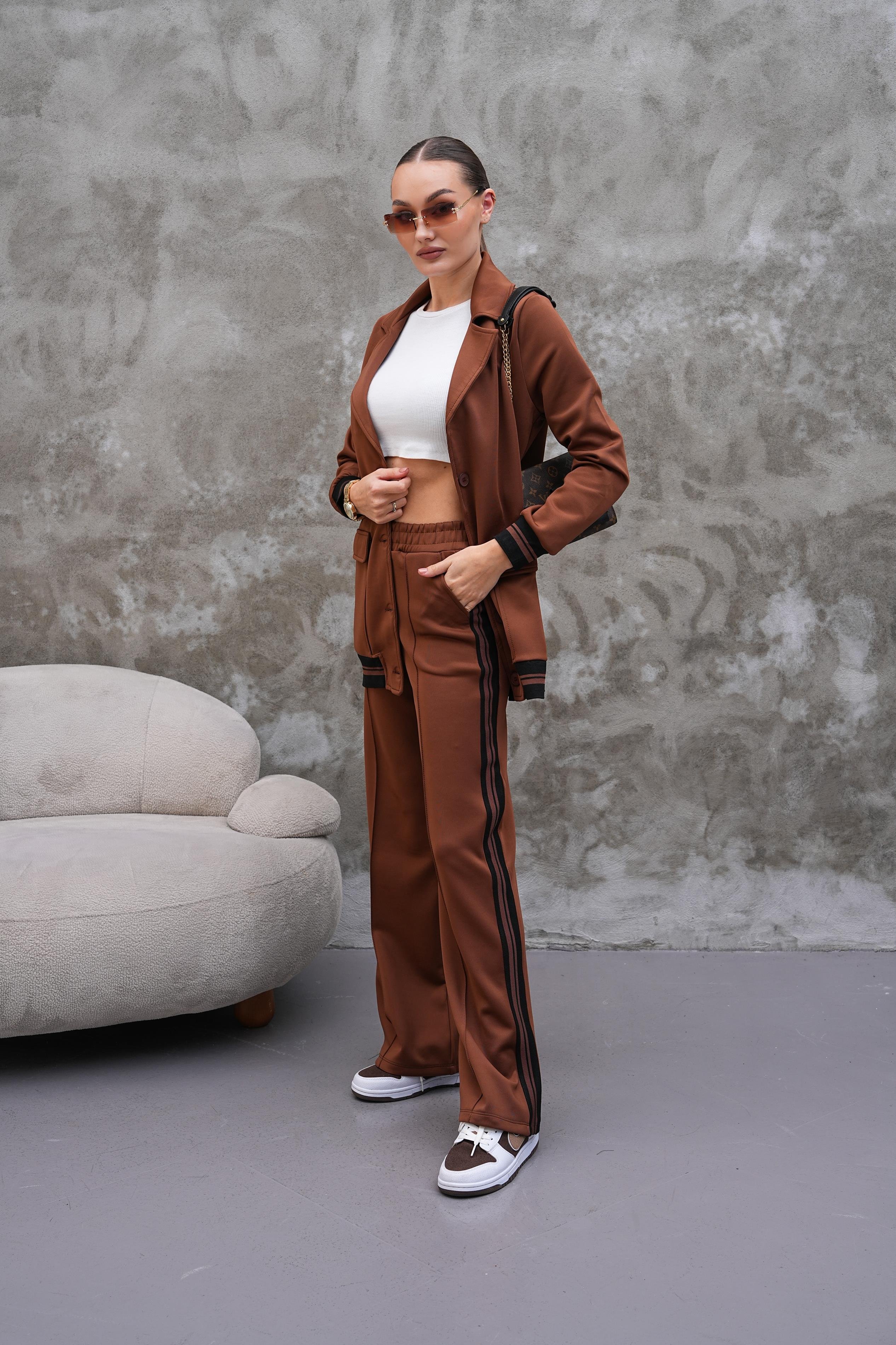 Blazer Ceketli Ribanalı Eşofman-Kahverengi Takım