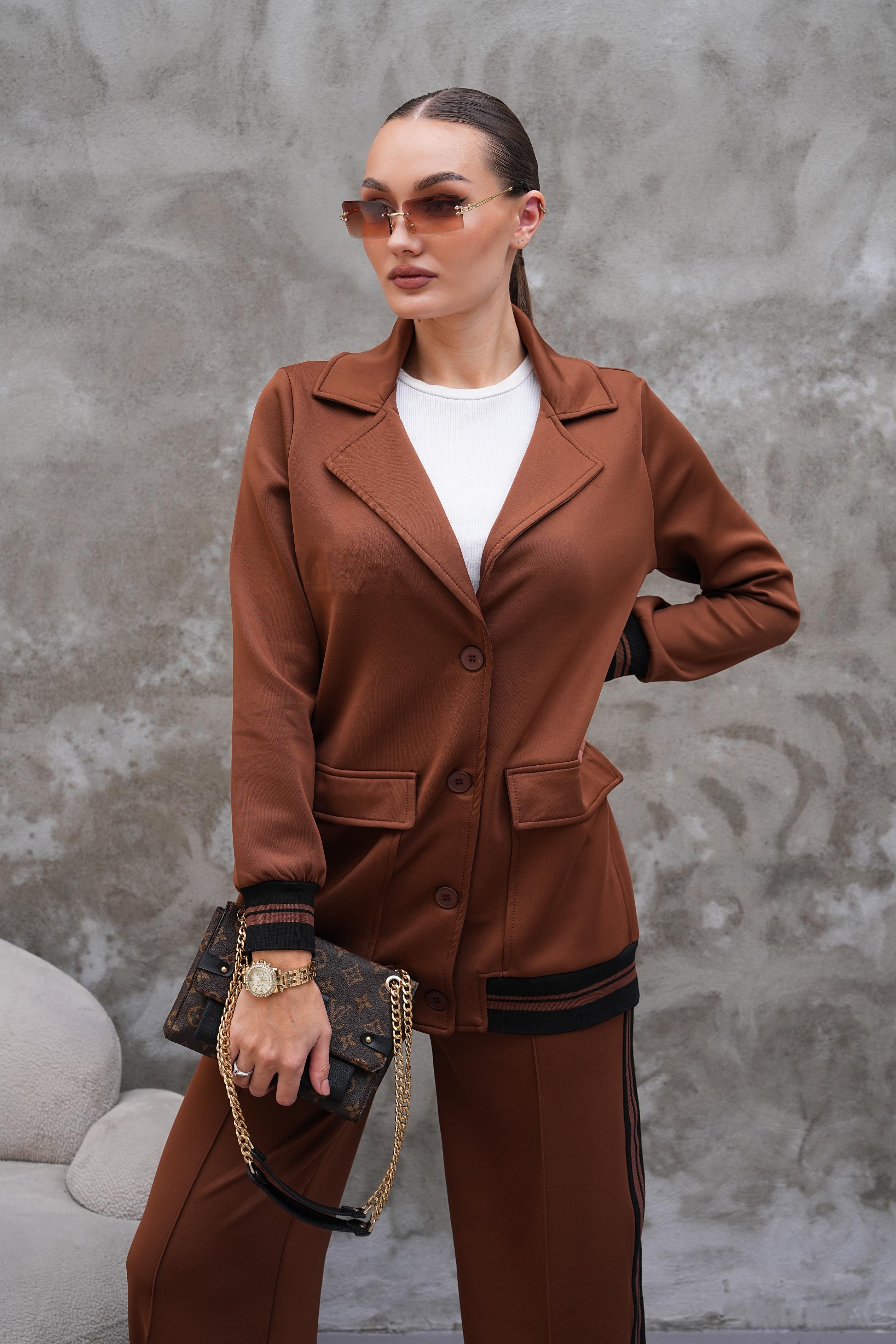 Blazer Ceketli Ribanalı Eşofman-Kahverengi Takım
