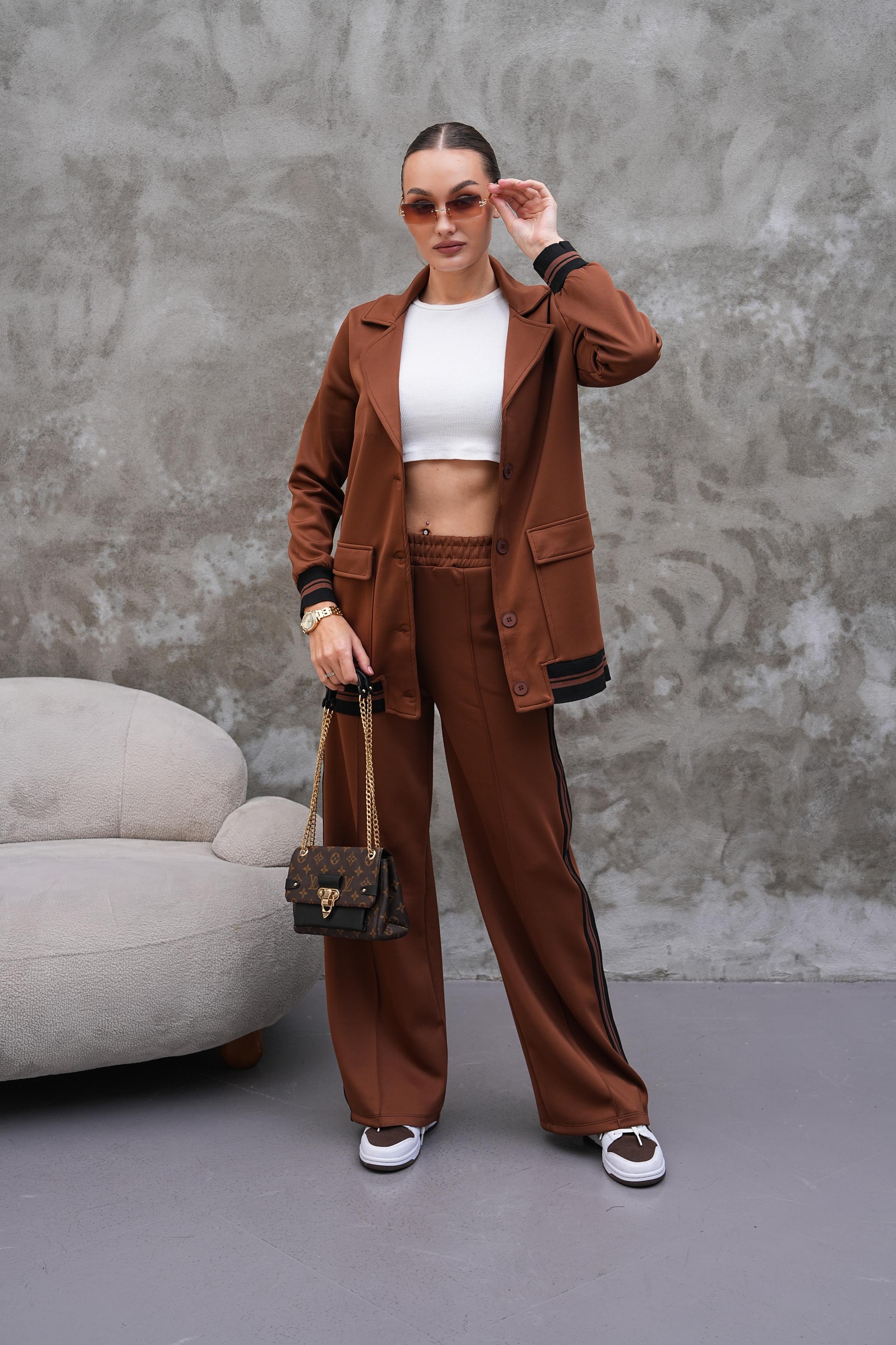 Blazer Ceketli Ribanalı Eşofman-Kahverengi Takım