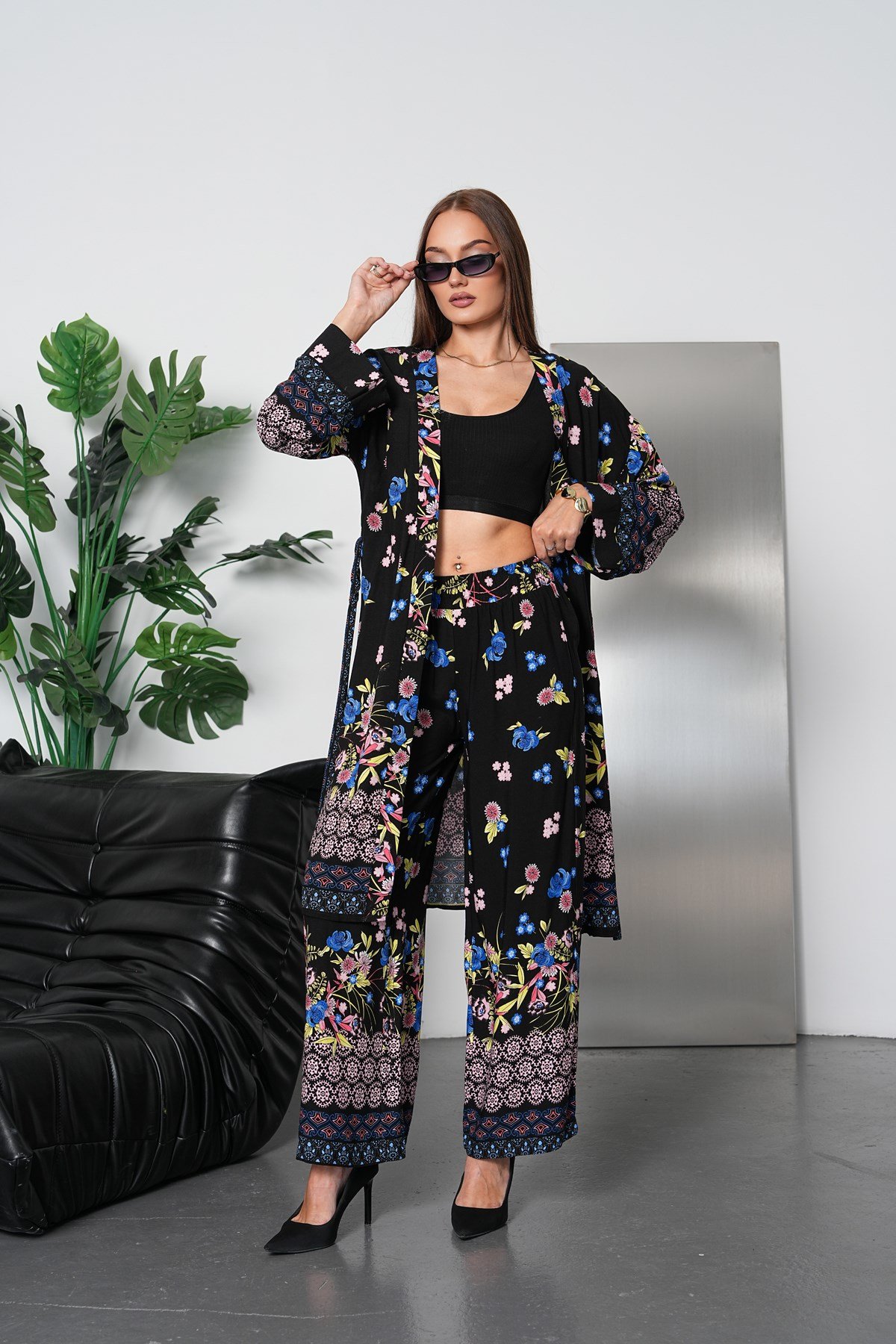 Çiçek Desenli Kimono Takım