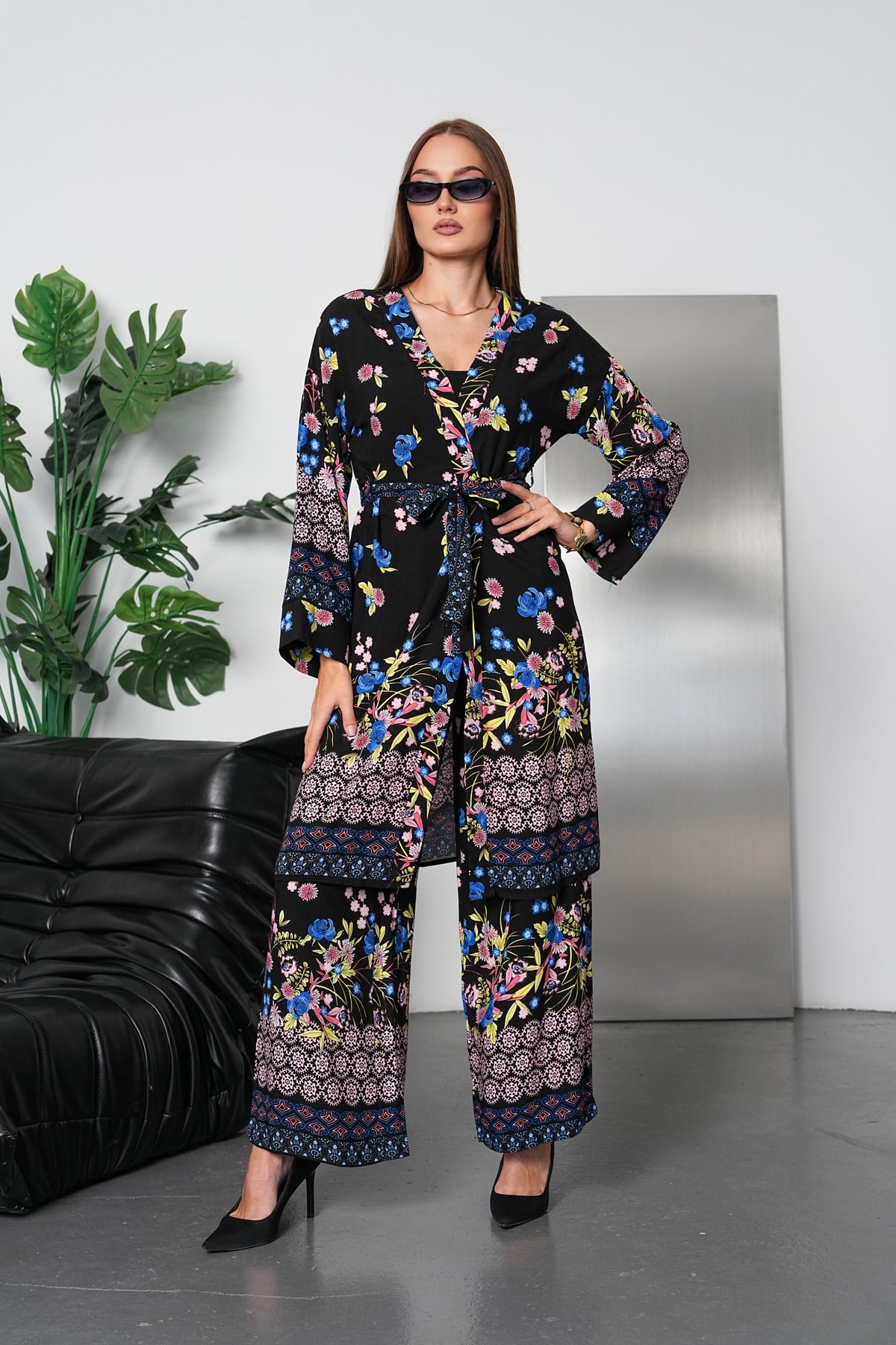 Çiçek Desenli Kimono Takım