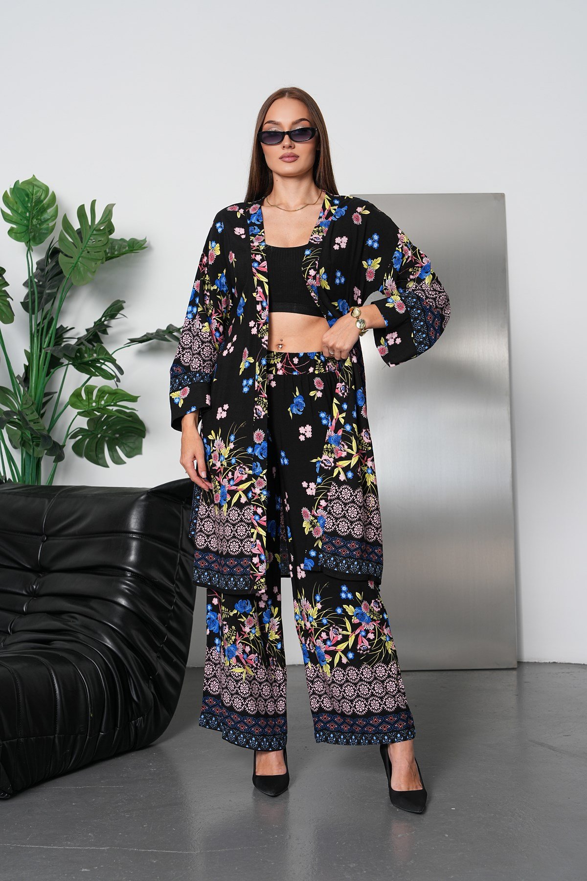 Çiçek Desenli Kimono Takım