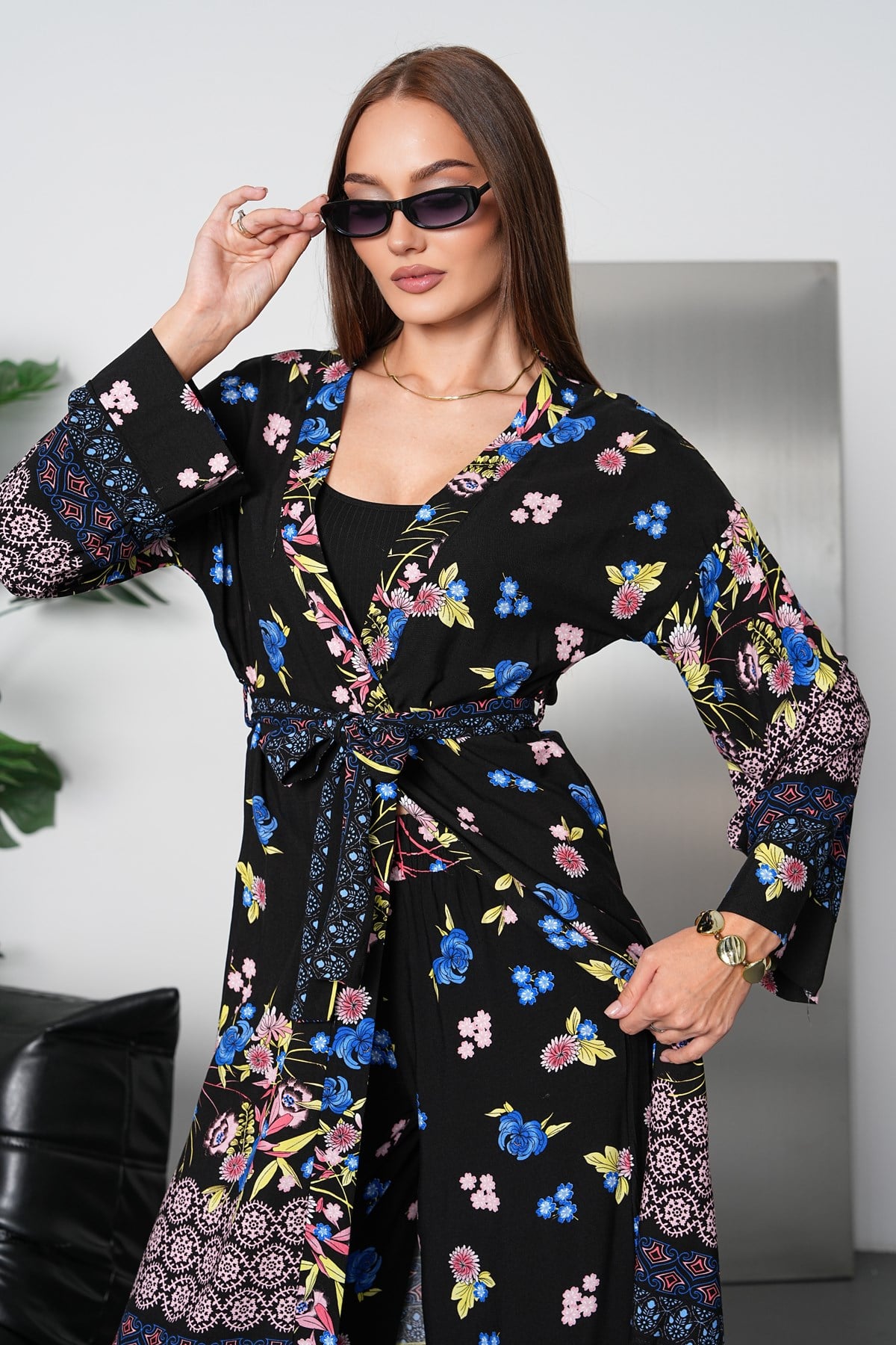Çiçek Desenli Kimono Takım