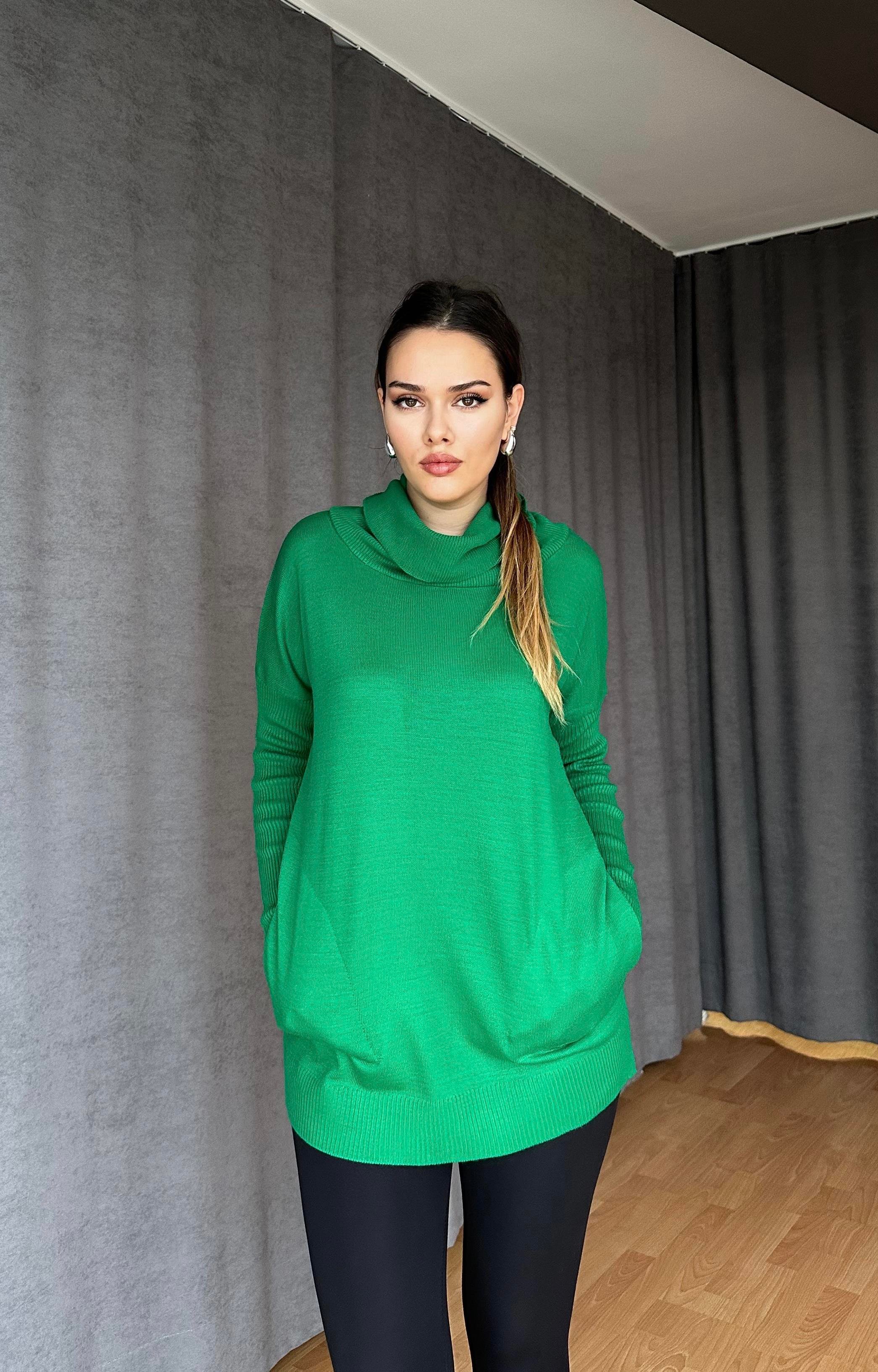 Degaje Yaka Triko Kazak Yeşil